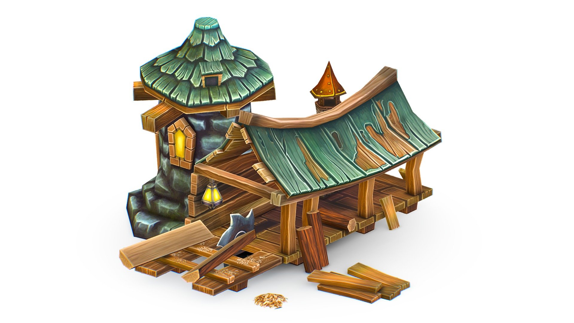 Cartoon Old Wood and Stone Workshop Sawmill - 2048x2048 Color Texture only - Cartoon Old Wood and Stone Workshop Sawmill - Buy Royalty Free 3D model by Oleg Shuldiakov (@olegshuldiakov) 3d model