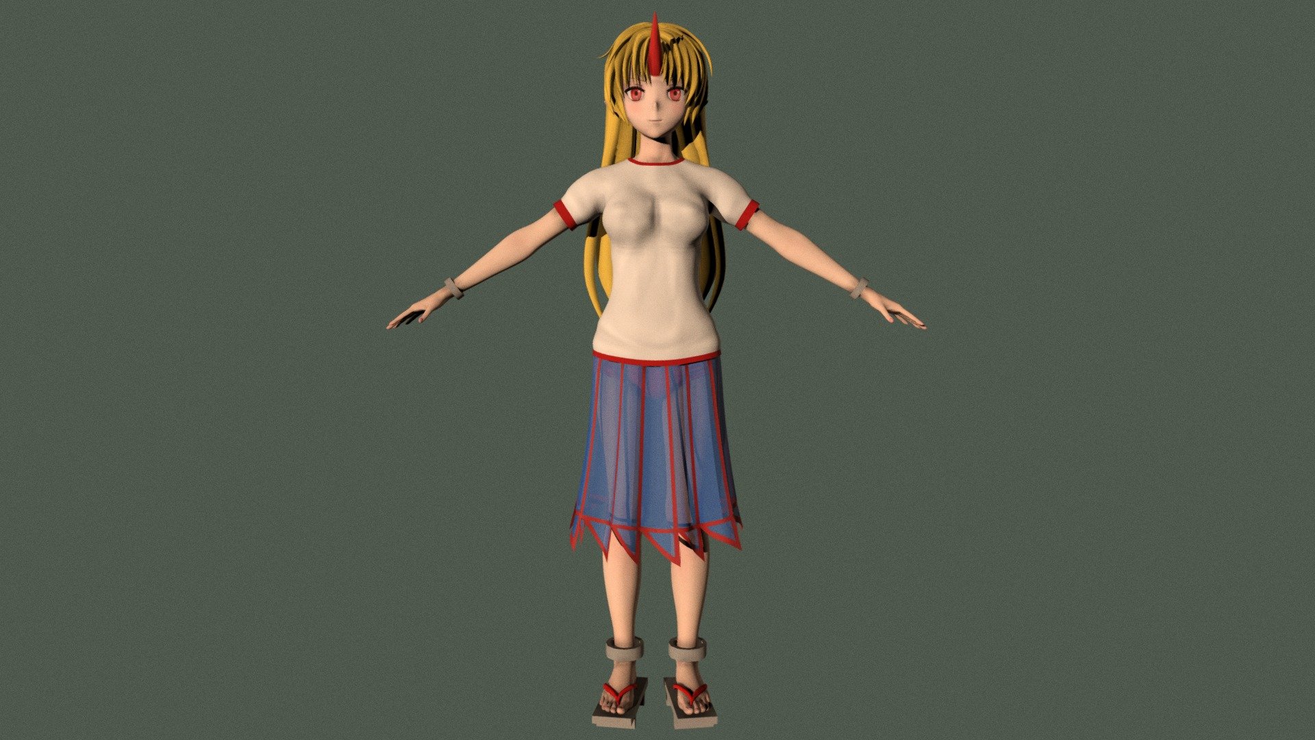 T-pose rigged model of anime girl Yuugi Hoshiguma (Touhou).

Body and clothings are rigged and skinned by 3ds Max CAT system.

Eye direction and facial animation controlled by Morpher modifier / Shape Keys / Blendshape.

This product include .FBX (ver. 7200) and .MAX (ver. 2010) files.

3ds Max version is turbosmoothed to give a high quality render (as you can see here).

Original main body mesh have ~7.000 polys.

This 3D model may need some tweaking to adapt the rig system to games engine and other platforms.

I support convert model to various file formats (the rig data will be lost in this process): 3DS; AI; ASE; DAE; DWF; DWG; DXF; FLT; HTR; IGS; M3G; MQO; OBJ; SAT; STL; W3D; WRL; X.

You can buy all of my models in one pack to save cost: https://sketchfab.com/3d-models/all-of-my-anime-girls-c5a56156994e4193b9e8fa21a3b8360b

And I can make commission models.

If you have any questions, please leave a comment or contact me via my email 3d.eden.project@gmail.com 3d model