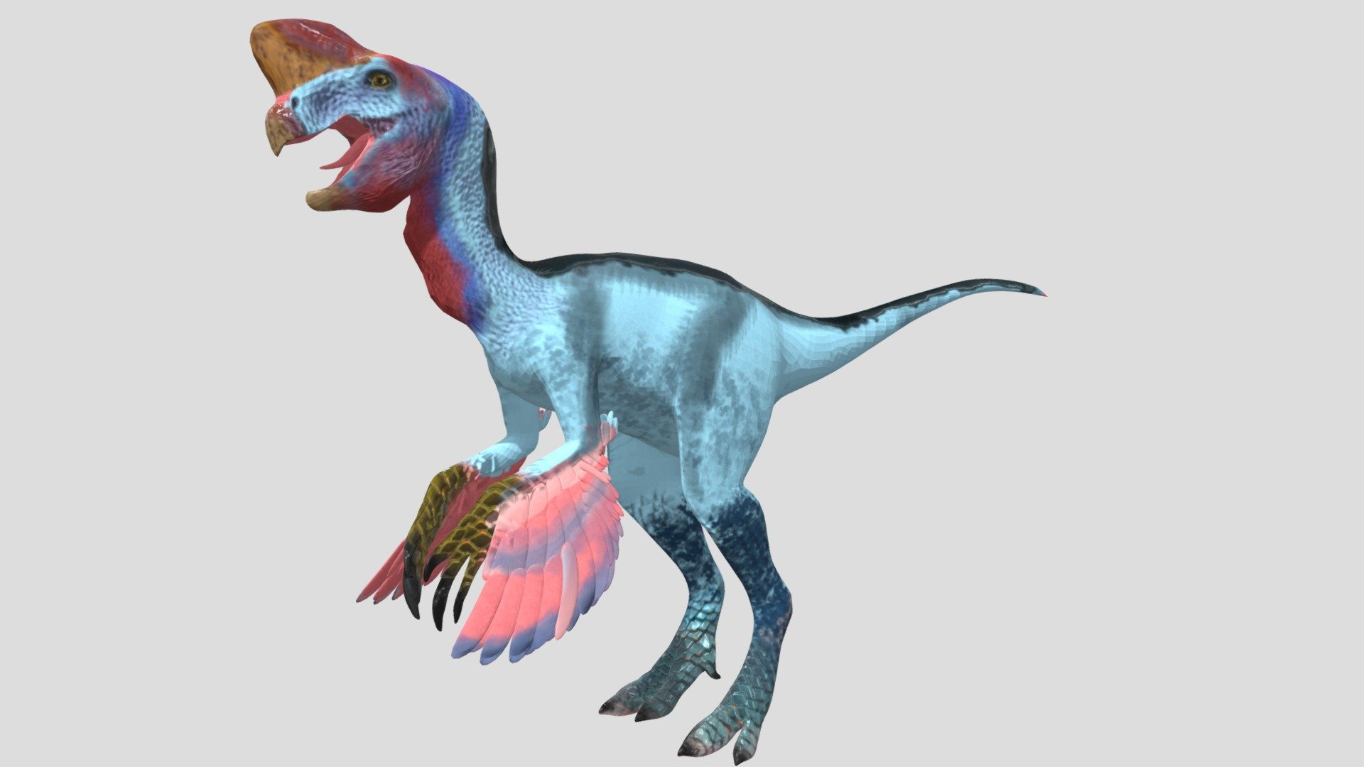 3d model of a Oviraptor. Perfect for games, scenes or renders.

Model is correctly divided into main parts. All main parts are presented as separate parts therefore materials of objects are easy to be modified or removed and standard parts are easy to be replaced.

TEXTURES: Models includes high textures with maps: Base Color (.png) Height (.png) Metallic (.png) Normal (.png) Roughness (.png)

FORMATS: .obj .dae .stl .blend .fbx .3ds

GENERAL: Easy editable. Model is fully textured.

Vertices: 41.4 k Polygons: 41.1k

All formats have been tested and work correctly.

Some files may need textures or materials adjusted or added depending on the program they are imported into 3d model