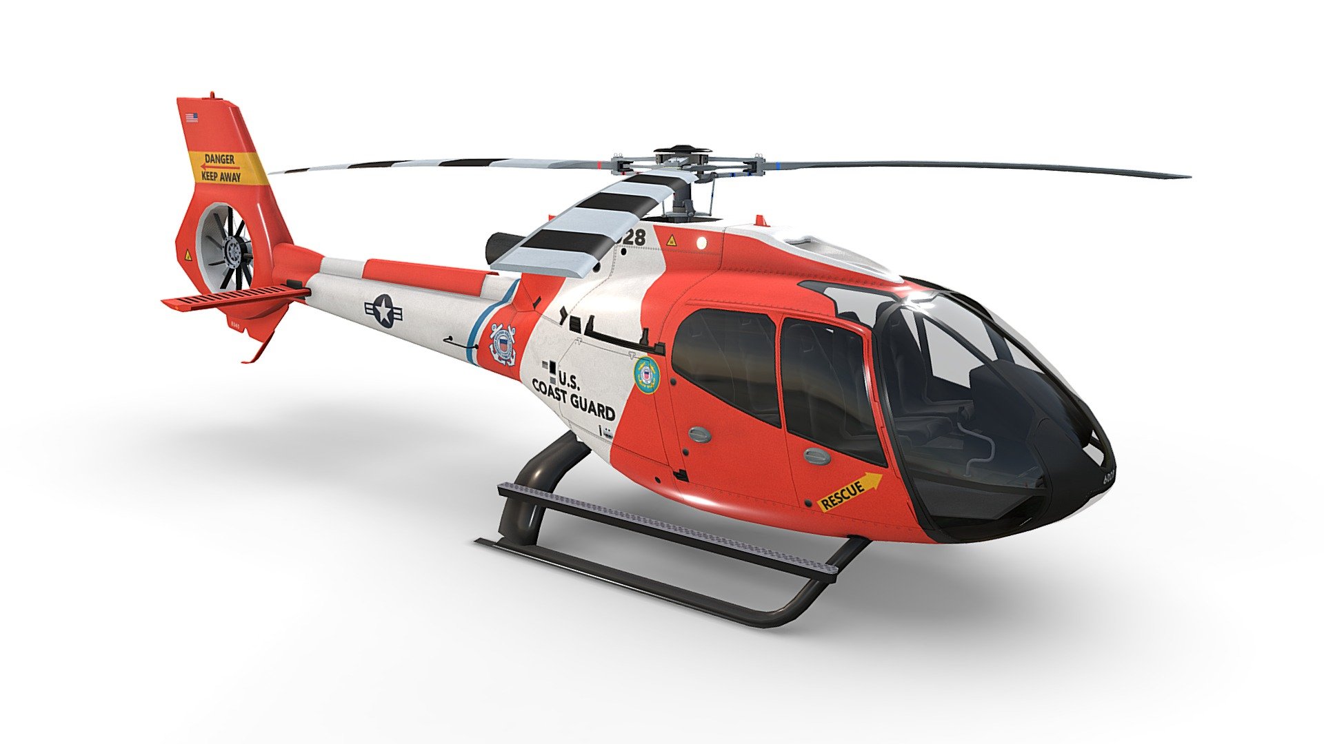 US Coast Guard Helicopter Airbus H130 Livery 33. Game ready, realtime optimized Airbus Helicopter H130 with high visual accuracy. Both PBR workflows ready native 4096 x 4096 px textures. Clean lowpoly mesh with 4 preconfigured level of details LOD0 19710 tris, LOD1 10462 tris, LOD2 7388 tris, LOD3 5990 tris. Properly placed rotors pivots for flawless rotations. Simple capsule built interior that fits perfectly the body. 100% human controlled triangulation. All parts 100% unwrapped non-overlapping. Made using blueprints in real world scale meters. Included are flawless files .max (native 3dsmax 2014), .fbx, and .obj. All LOD are exported seperately and together in each file format 3d model