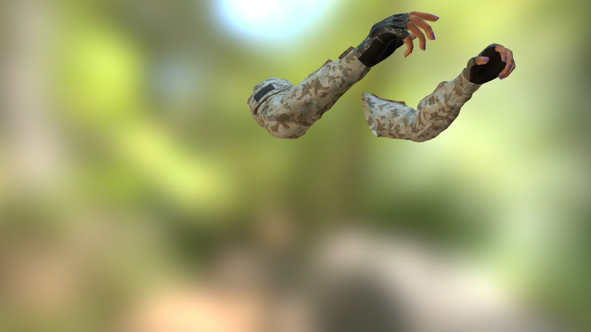 A “handy” set of assets for any modern first person game.   The Ironbelly Studios First Person Arms pack is available for purchase and comes with fully rigged and animated sets of three types of arms. Each arm pair has three included skin tones (Light, Medium, and Dark). Each female pair has five nail polish options. Additionally, we have included military fatigues and fingerless gloves with two camo textures, which are compatible with both male and female arm models. The First Person Arm Pack is perfect for customization into any first or third person product!   ###Buy it on the Unreal Marketplace - First Person Arms, Female Military - 3D model by Ironbelly Studios (@ironbelly) 3d model