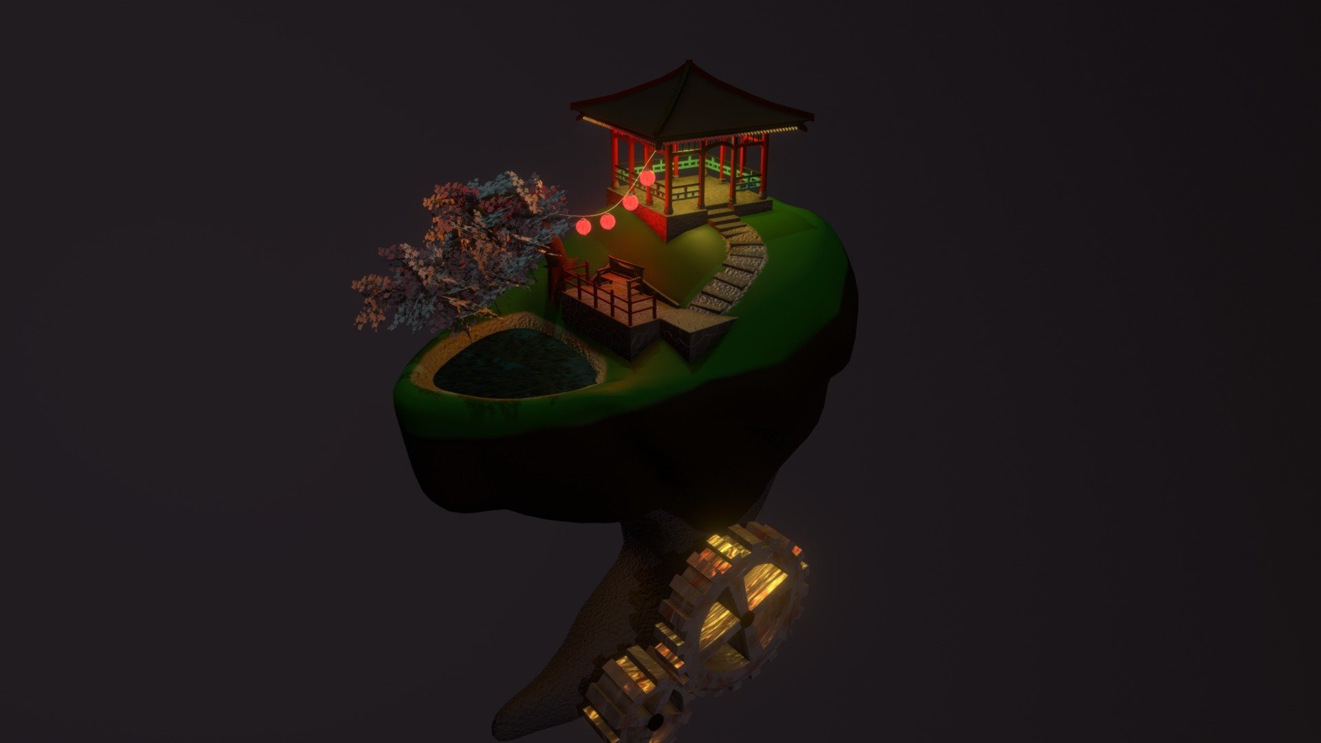 A small flying island with a japanese pavillion and a cherry tree.

My goal was to create a calm atmosphere and a place, where you want to be after a stressfull day 3d model