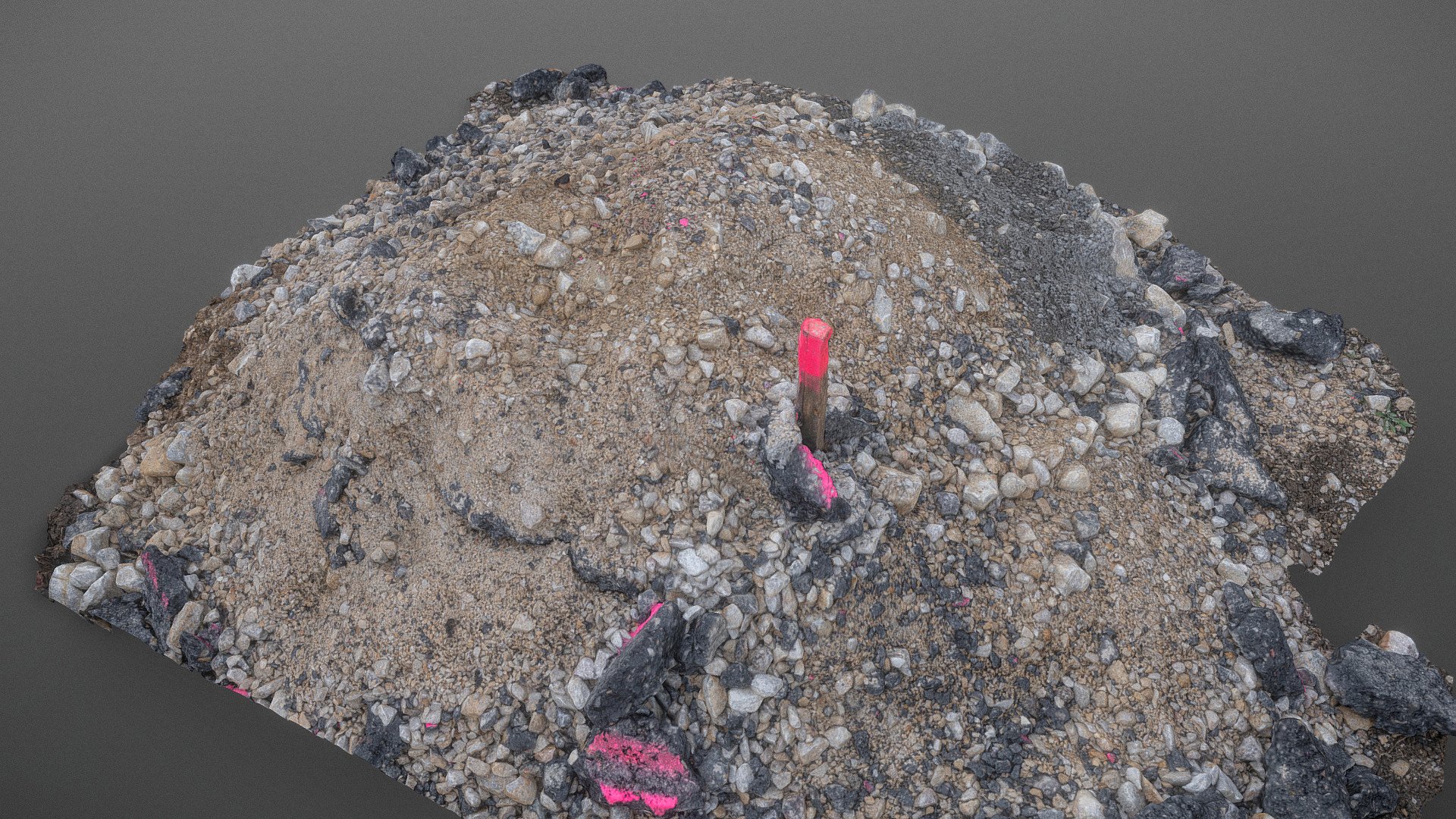 Pile heap of fresh new cut asphalt destroyed street pipeline earthworks construction material with some sand soil heap and spray tag warning pink fluorescent  marker markings, isolated from ground

Photogrammetry scan (120 x 24 MP, 2x16K texture + HD Normals as additional file download) - Fresh asphalt marked pile - Buy Royalty Free 3D model by matousekfoto 3d model
