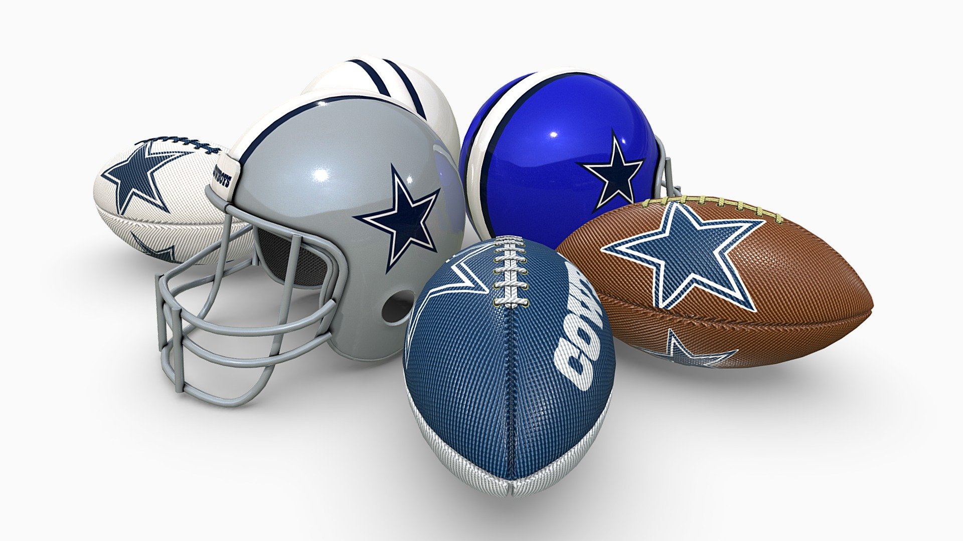 Realtime optimized Dallas Cowboys American Football Vintage Pack

PBR metalness workflow ready textures in native 2048 x 2048 px

Non-overlapping unwrapped with UV layout best for undistorted brandings

Made to real world scale in centimeters

100 % human controlled triangulation

Trianglecount per helmet: 10205 tris at 5231 verts

Trianglecount per ball: 4184 tris at 2178 verts

All objects have own multi-sub-material with 2 x material-IDs

Each object has its own albedo and diffuse map

Each object type shares the same PBR textures set

Included files for download; .obj-mtl, .fbx, .dae, .max (native 2022), .png
 - Dallas Cowboys American Football Vintage Pack - Buy Royalty Free 3D model by RealtimeModels 3d model