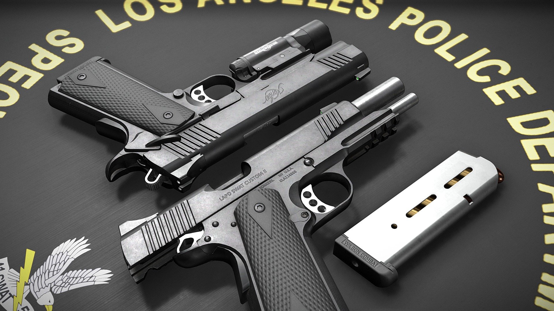 Kimber Custom Tactical Law Enforcement Rail II (TLE/RL II). This is the same handgun that's used by the Los Angeles Police Department's Special Weapons and Tactics team, which entered service from 2002 to present. Since around the 2010s, LAPD SWAT has upgraded their Kimbers to have a picatinny rail frame, which allowed the mounting of flashlights. The SureFire x300 series remain their main flashlight attachment of choice. 

Interestingly, LAPD SWAT Kimbers feature custom engraved markings on the slide and has a special serial number &ldquo;KLA114XXX