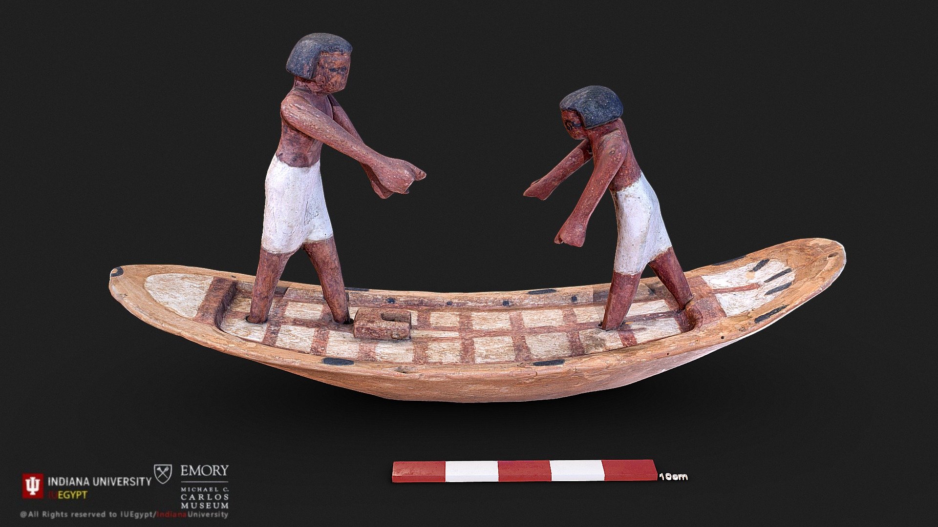 Model Boat
PLACE CREATED  Egypt, Africa
CULTURE Egyptian
PERIOD Middle Kingdom, Dynasty 11
DATE 2080-1940 BCE
MEDIUM Wood, pigment
CREDIT LINE Gift of the Georges Ricard Foundation
DIMENSIONS 5 7/8 x 12 13/16 x 3 5/16 in., 190 g (15 x 32.5 x 8.4 cm, 6 11/16 oz.)
OBJECT NUMBER 2018.010.126
PROVENANCE Purchased by Georges Ricard (1921-2012) from Jean-François Mignon, Aix-en Provence, France, February 24, 1974. Ex coll. Musée de l'Égypte et le Monde Antique, Collection Sanousrit, Monaco, 1975-1982. Ex coll. Georges Ricard Foundation, Santa Barbara, California.
STATUS Not on view
COLLECTIONS  Ancient Egyptian, Nubian, and Near Eastern Art
CAMERA Nikon D850
LENS Nikkor 35mm
PHOTOGRAMMETRY: Steve Vinson (TL), Leila Hyde, Belle Johnson, Amalee Bowen
IMAGE PROCESSOR: Amalee Bowen
Image processor supervisor: Mohamed Abdelaziz
https://collections.carlos.emory.edu/objects/38307/model-boat
 - Model Boat - 3D model by iuegypt 3d model