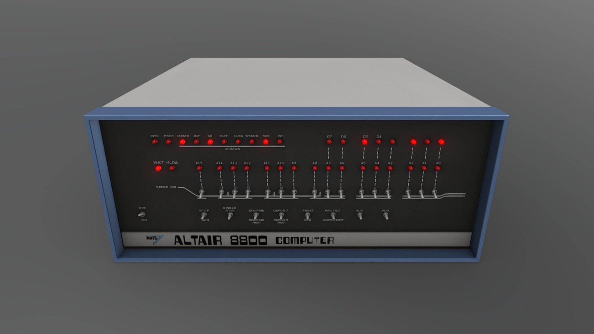 Altair 8800 Computer

Made in Blender and Substance Painter. Additional files include .c4d .blend .fbx .obj files and 2k textures.




Blender file include bones and controlls for switches.

C4D file only include simple bones

If you enjoy this Model please leave a review or any kind of feedback in the coments.



The Altair 8800 is a microcomputer designed in 1974 by MITS and based on the Intel 8080 CPU. The Altair is widely recognized as the spark that ignited the microcomputer revolution as the first commercially successful personal computer. Wikipedia


Follow me on Twitter - Altair 8800 - Buy Royalty Free 3D model by Unconid 3d model