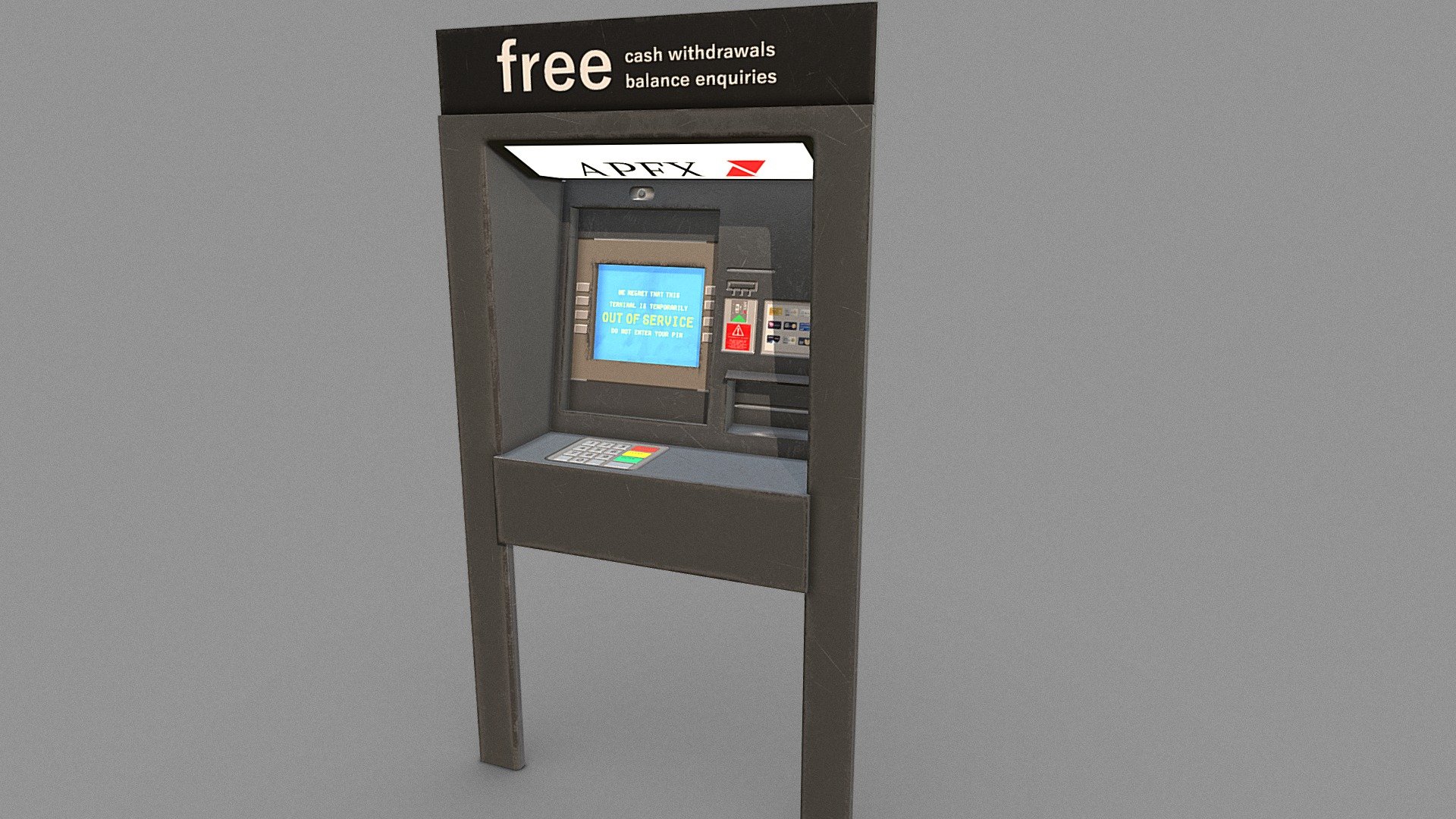 Front side of a ATM machine with &lsquo;out of service' on the screen. Handy prop for any sort of exterior environment.  brand is made up so there wont be any copyright issues. 

PBR texttures @4k - ATM machine - Buy Royalty Free 3D model by Sousinho 3d model