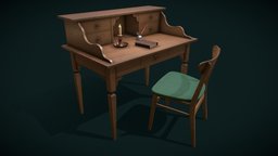 Wooden writing desk with props candlestick, props, diary, wooden-desk, blender, blender3d, chair, noai