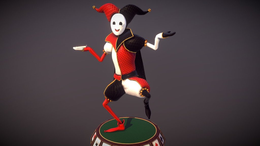 My first animated character on Sketchfab ! 
A joker juggling with playing cards. He seems skilled enough and I will not challenge him at poker.

Softwares :
Modeling and animation with 3DS Max, Texturing with Photoshop and Mental Ray 3d model