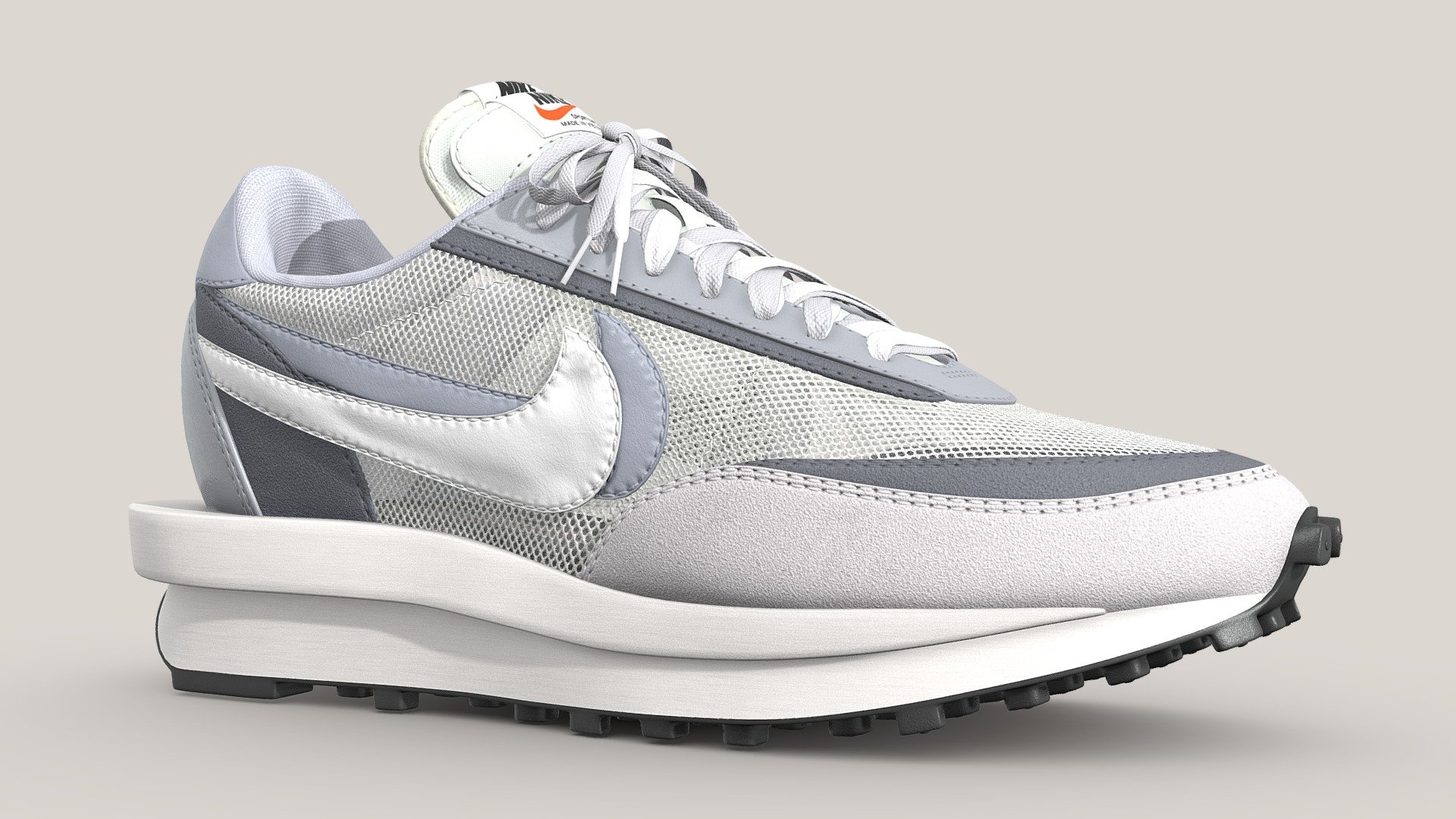 Nike Sacai LD Waffle in Summit Grey. This is one of the original colourways that released in 2019.

This model is a 1:1 replication of the original. All dimensions, angles, and curves are the same as the real life counterpart. The shoe is subdivision ready with a base polycount of 23,399 polys per shoe. The mesh uses four texture sets, all at 4096x4096 resolution, with the following maps in use: Base Color, Metallic, Roughness, Normal. The base color map contains the transparency information, so plug the alpha of the texture into the alpha channel, or alternatively put the base color texture where the opacity should go

Included is a One Mesh version which uses just 1 texture map per shoe,

The main Blender files contain the full texture setup. The mesh is subdivision ready so you can increase/reduce the subdivision count to achieve your desired look 3d model