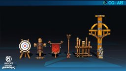 Wooden Objects barrel, flag, miner, pillar, gameready