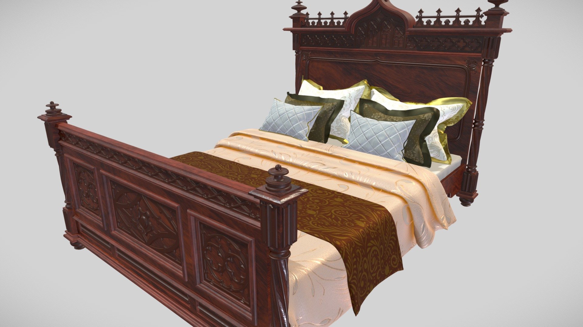 Bed linen consists of sheets, blankets, bedspread. There are also six unique pillows with Vicotrian motifs. 

The bed itself is made of light acacia wood, the carvings are covered with dark wood. The headboard is decorated with carvings. 

The model is suitable for a bedroom of the late 19th century.  Models also have LODs and custom coliders for easy use as game props. Packed Ambient oclusion(R), roughness(G) and metalic(B) and unreal engine 4 project is also included.

Everyone should sleep in this bed at least once in their life 3d model