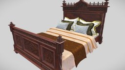 Decorated Victorian bed with linens victorian, wooden, bed, lod, bedroom, cover, acacia, furniture, gothic, pillows, decorated, carved, headboard, sheets, textil, quilt, linens, bedspread, wood, collumns, colliders
