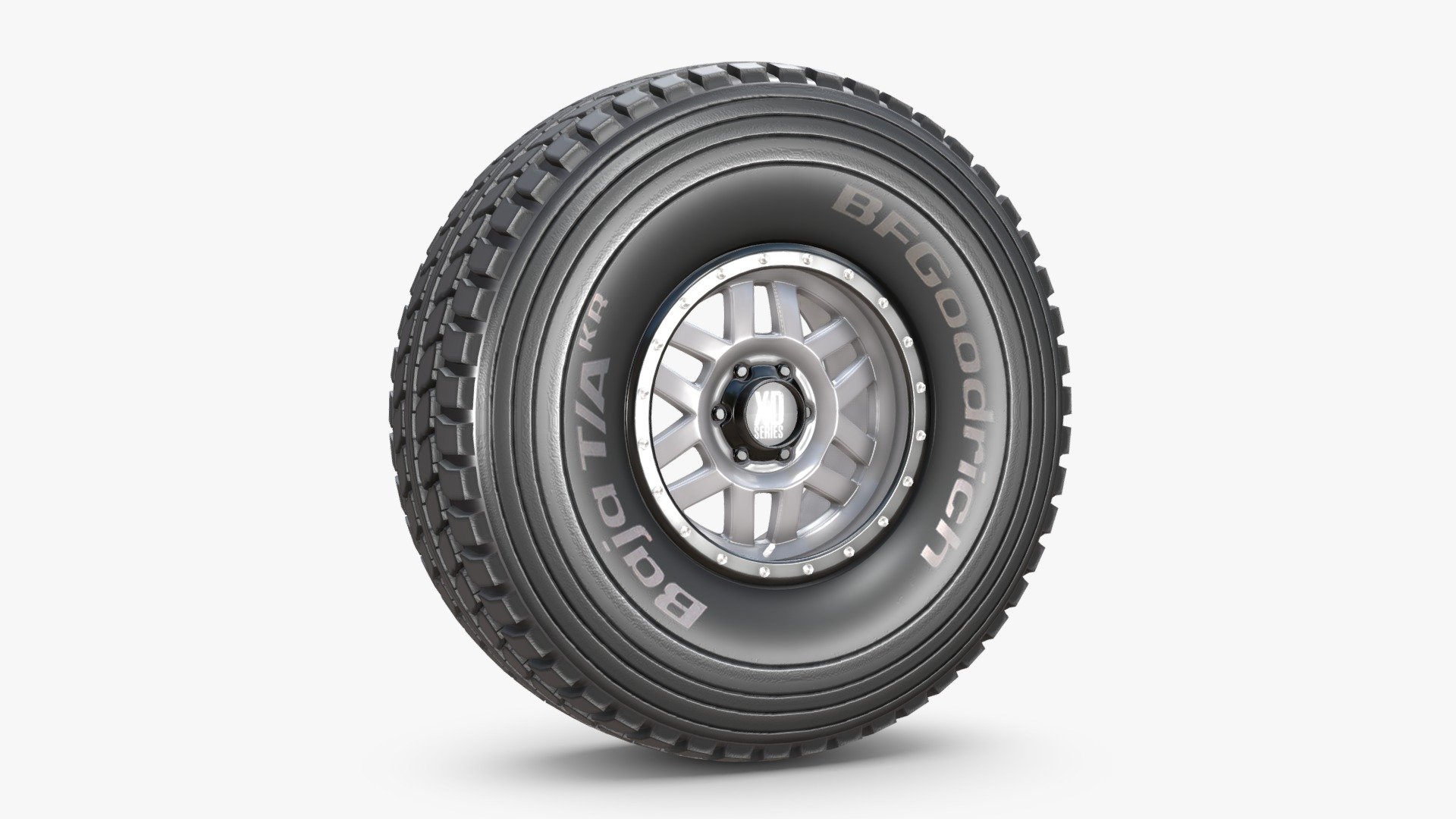 NNAVAS 3D store.

3D model of a BFGoodrich Baja T/A KR tire on a KMC XD 128 wheel.

The model was created with 3DS Max 2016 using the open subdivision modifier which has been left in the stack.

SPECIFICATIONS:

The model has 12.914 polygons with subdivision level at 0 and 35.036 at level 1.

Renderer: V Ray 3.2.

Scale/transform is set to 100%, units are set to centimeters, texture paths are stripped and and it is made to real world scale.

FBX, OBJ and 3DS files have been included in separated HI and LO subdivision versions.

MATERIALS AND TEXTURES:

All materials and textures are included and mapped in all files, settings might have to be adjusted depending on the software you are using. JPG textures have 1024 x 1024 resolution 3d model