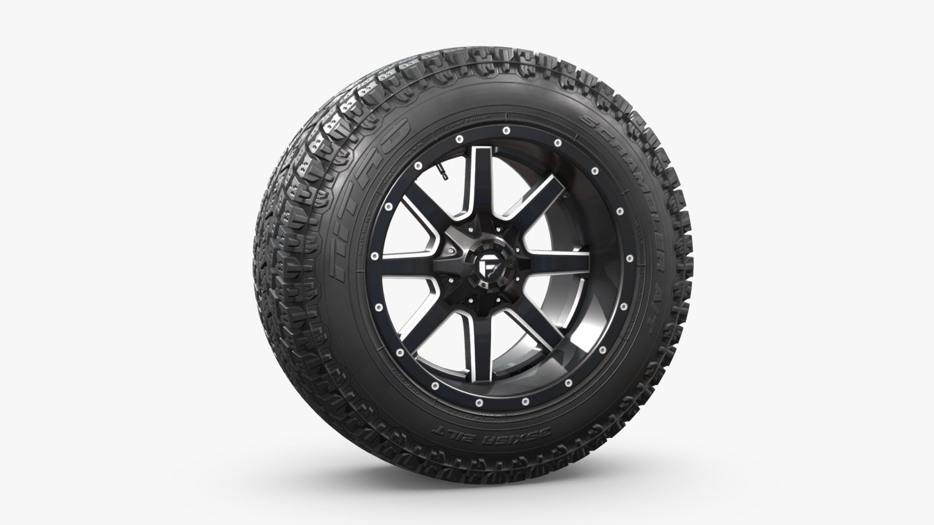 3D model of an off road wheel and tire combo.

The model is fully textured and was created with 3DS Max 2016 using the open subdivision modifier which has been left in the stack. There is also a Blender version.

The model has 48.000 polygons with subdivision level at 0 and 192.000 at level 1.

FBX, OBJ and 3DS files have been included in separated HI and LO subdivision versions.

Renderer: V Ray and Cycles.

All materials and textures are included and mapped in all files, settings might have to be adjusted depending on the software you are using 3d model