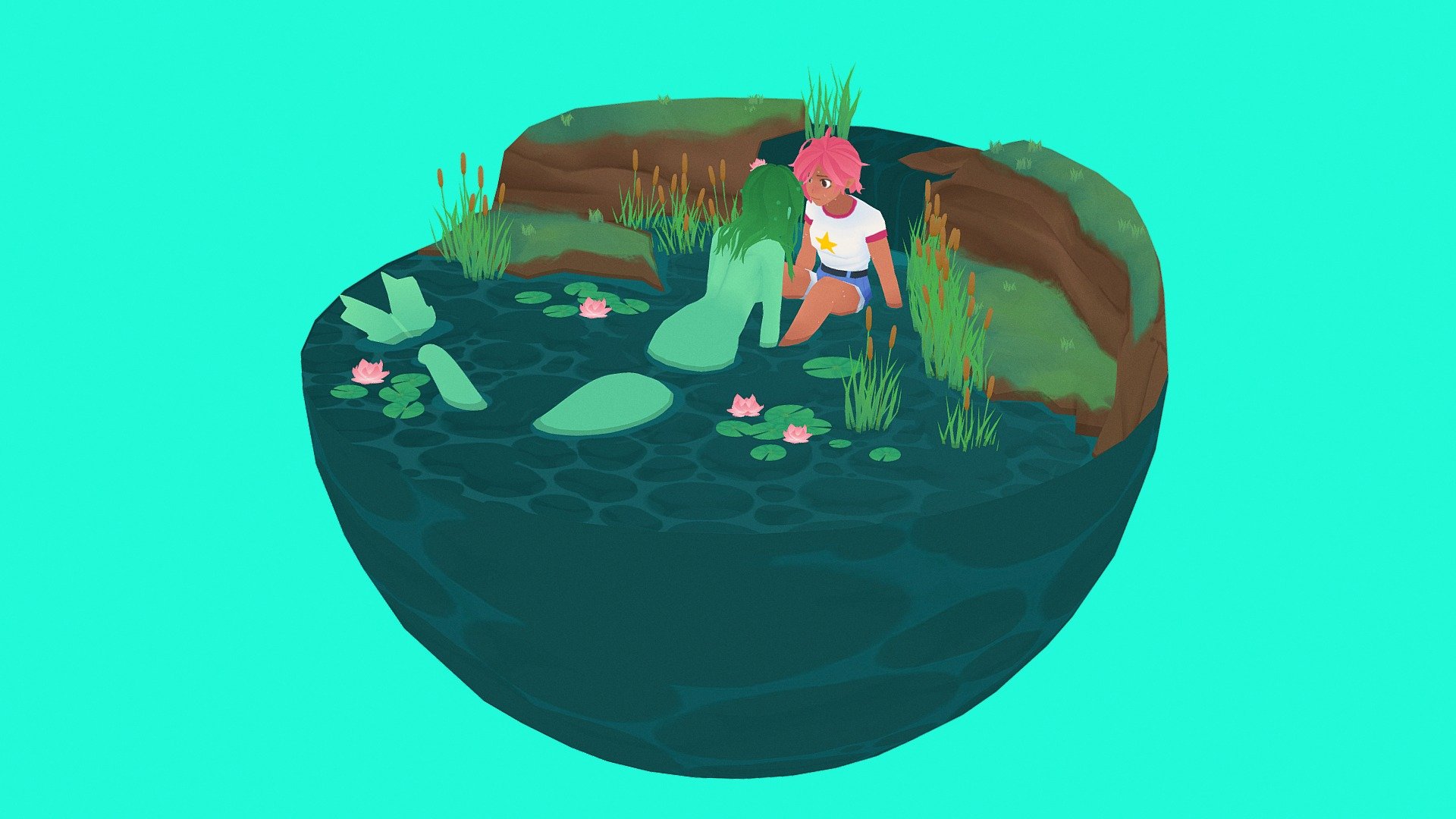 It's mermay again so I decided to quickly whip up another scene. Tried to make it look like it's set in a lake or pond - A Mermaid's Encounter - 3D model by Priichu 3d model