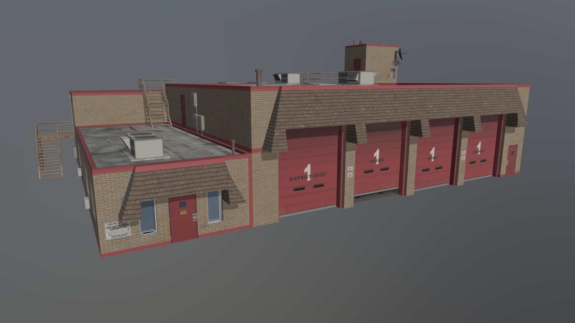 Suburban American fire station for Cities:Skylines. Based on a station of West Metro Fire Rescue in Lakewood, Colorado.

This was the first model I made for Cities:Skylines, in 2016. Since then I learned a lot more about authoring textures so that they play well with Skylines' lighting/renderer, so I did another pass on this model before uploading it to Steam workshop 3d model