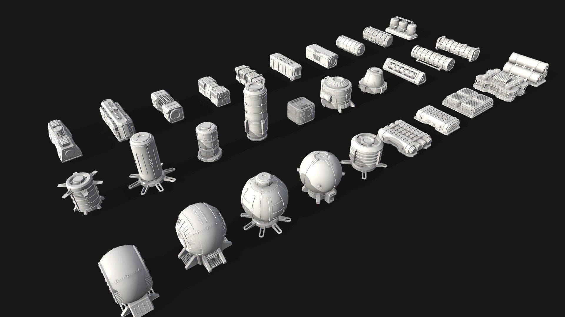 Various industrial sci fi objects (30 meshes)

relatively low poly

Models are not up to scale or precise

Polys: 94883

Vertices: 116327

clean geometry: polygons only

render setup not included in the file

materials : basic

uw mapped: NO

uw unwarped: NO

zip file (max2017, OBJ, blender, FBX) - Scifi Props 2 - Buy Royalty Free 3D model by cikameja 3d model