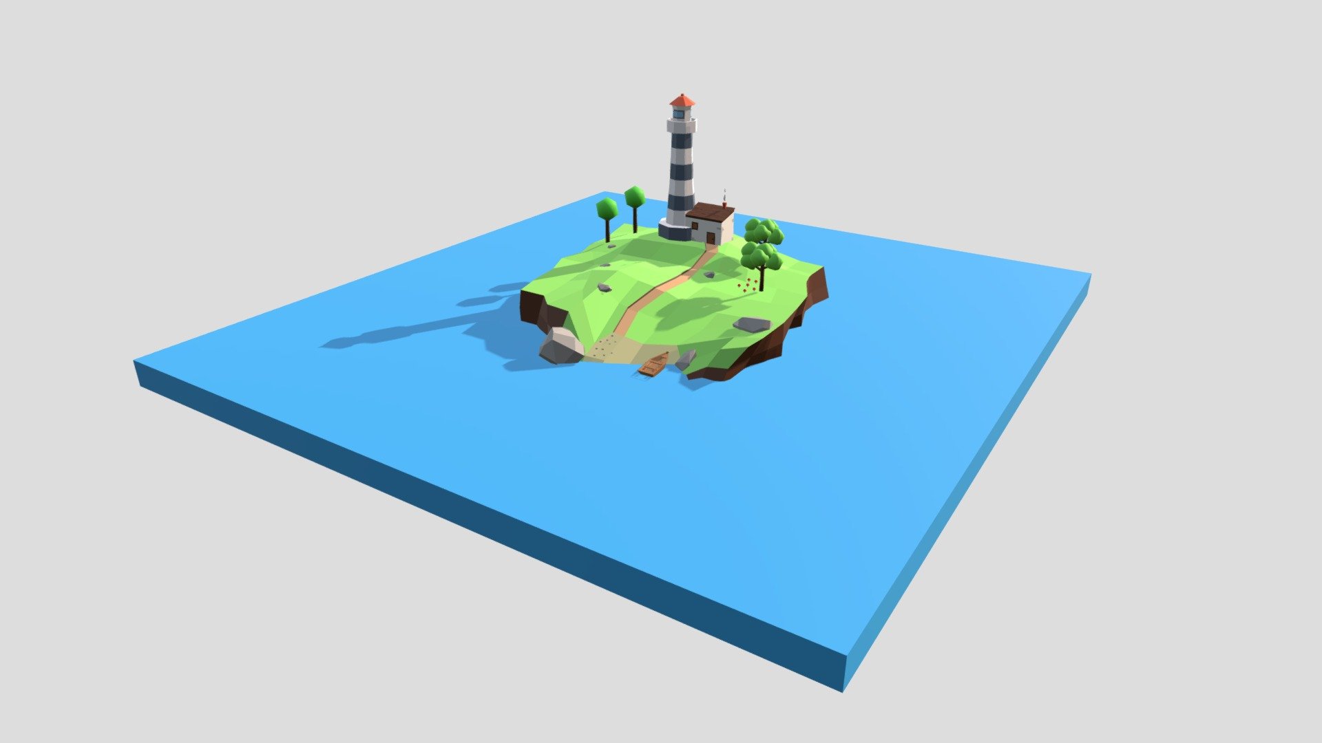 This is a low poly 3d lighthouse island scene. The low poly scene was modeled and prepared for low-poly style renderings, background, general CG visualization. Quads/Tris Topology.

You will get those objects :

Island Landscape
A Lighthouse
A Small House
Rocks
4 Trees
A Small Boat With Paddles
Mushrooms

Verts : 4.296 Faces: 4.118

Simple diffuse colors.

No ring, maps and no UVW mapping is available.

The original file was created in blender. You will receive a 3DS, OBJ, FBX, blend, DAE, STL.

All preview images were rendered with Blender Cycles. Product is ready to render out-of-the-box. Please note that the lights, cameras, and background is only included in the .blend file. The objects are clean and alone in the other provided files, centered at origin 3d model