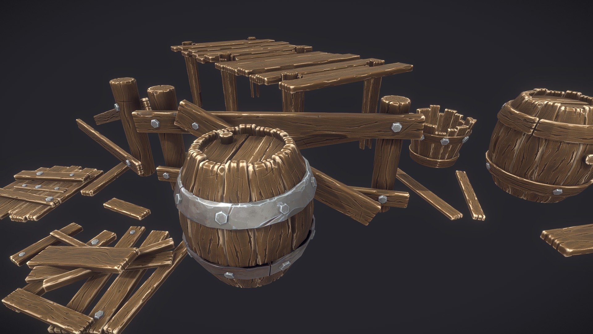 Set of general props for any stylized fantasy game. All props share 1 texture set and are part of my tutotorial on Artstation -&gt; https://artstn.co/m/7p68 - Stylized wooden props - Buy Royalty Free 3D model by 1mafx 3d model