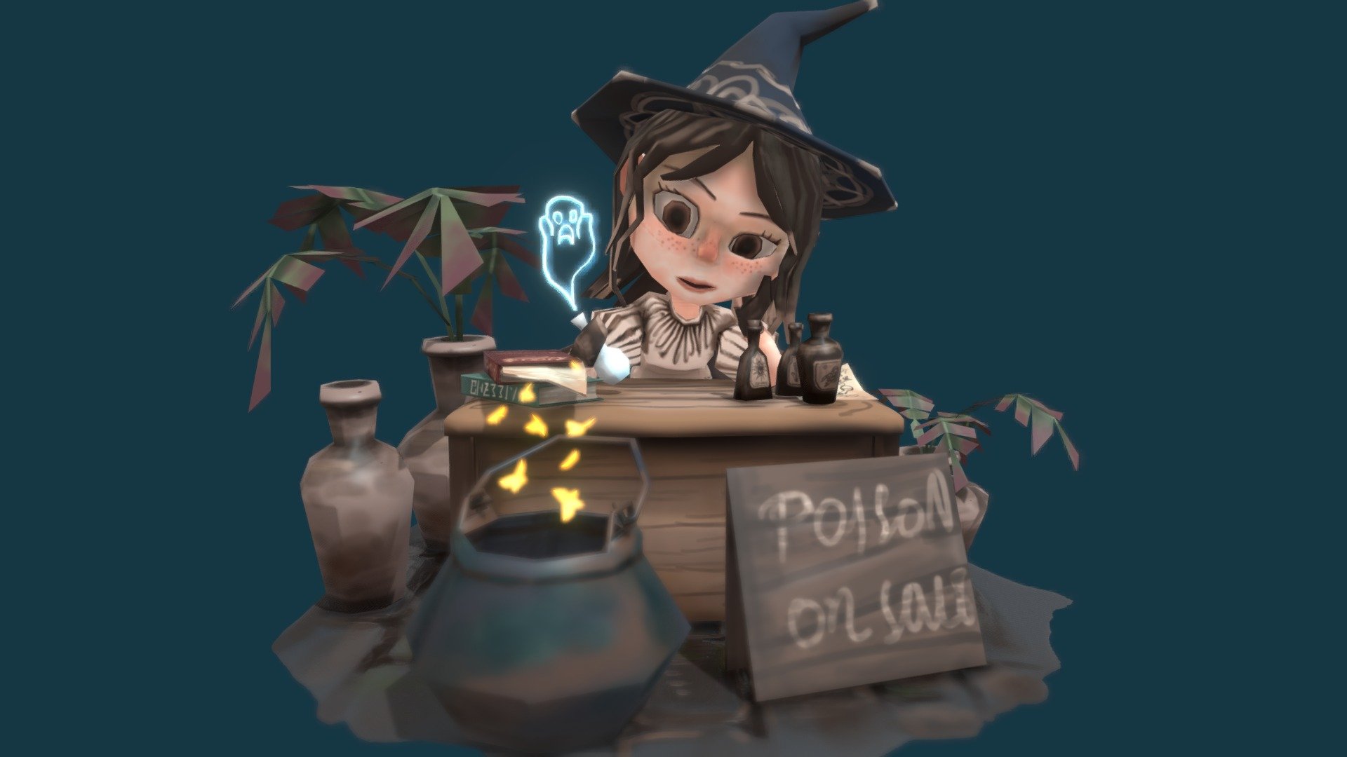 It sells magic potions! Here you can also find the most famous poison called ‘love’.(ALL IN BLENDER) ————————————————————————
这是我原创的第一个人物带小场景的模型，有很多不足之处，以后我会慢慢摸索，逐步形成我独有的成熟的风格。 - little witch's potion store - 3D model by Cherrivalier (@hyalif77) 3d model