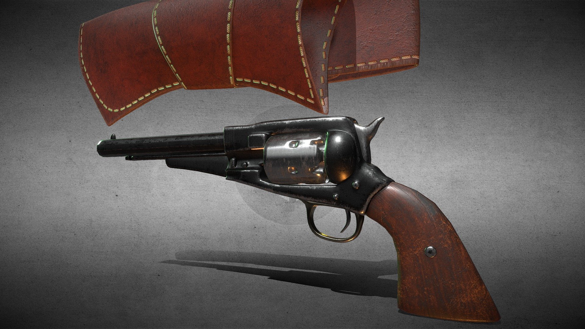 Inspired by the 1858 remington new army model, this is  a single-action, six-shot, percussion revolver.
Includes a leather holster model with its own textures. Perfect for your cowboy/sheriff/army man! 
Made in blender.

High poly and low poly available, textures of different resolution is also avaiable (comes with 4k and 2k textures here)
Write me if you want a lower poly or higher poly version or if you wish to have a different texture resolution!

Cheers! - Revolver and Holster - Buy Royalty Free 3D model by Filip (@filip.hans.nyberg) 3d model