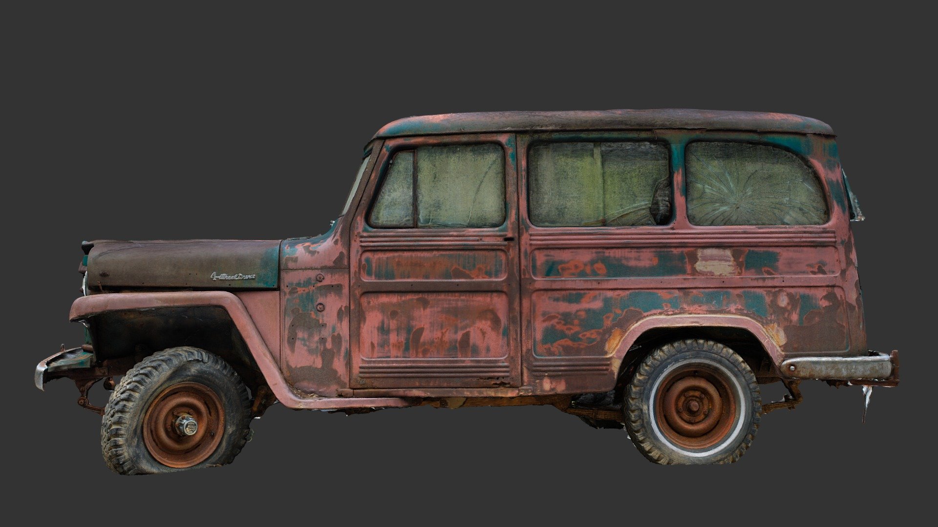 Abandoned 1950's Jeep Wagon

Processed from 675 Pictures taken with a Canon EOS Rebel XSI - Jeep 1 (Raw 3D Scan) - Buy Royalty Free 3D model by Renafox (@kryik1023) 3d model