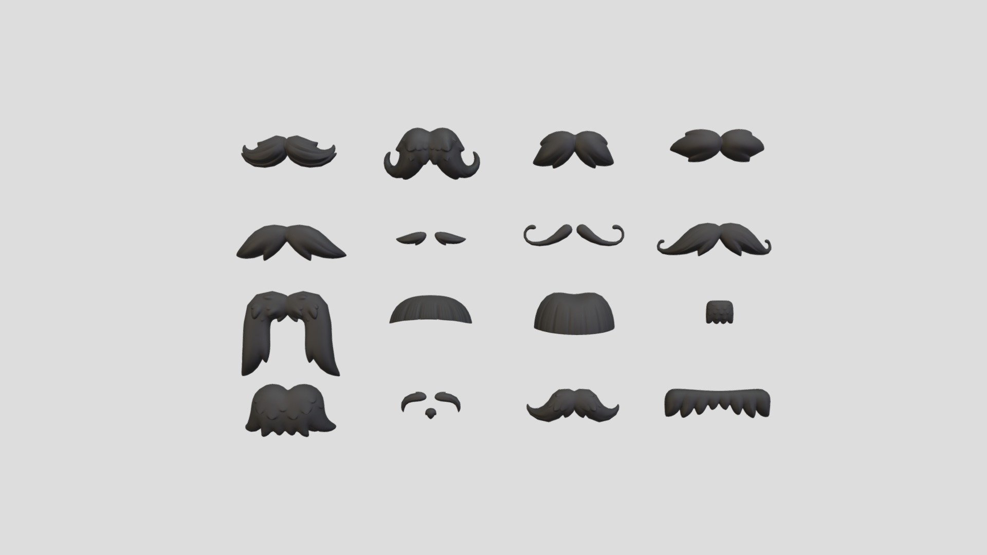 Mustache 3d model pack.      
 
16 models.
3ds max 2020 , FBX and OBJ files    
 


Clean topology                      

Non-Overlap UVs                     
 


Textures include                     

- Base Color                        

- Normal                            

- Roughness                         



2048x2048 PNG texture               
 


Mustache01  412 poly 

Mustache02  686 poly 

Mustache03  734 poly 

Mustache04  682 poly 

Mustache05  534 poly 

Mustache06  720 poly 

Mustache07  440 poly 

Mustache08  578 poly 

Mustache09  864 poly 

Mustache10  700 poly 

Mustache11  606 poly 

Mustache12  260 poly 

Mustache13  922 poly 

Mustache14  930 poly 

Mustache15  522 poly 

Mustache16  734 poly 
 - Mustache Pack - Buy Royalty Free 3D model by bariacg 3d model