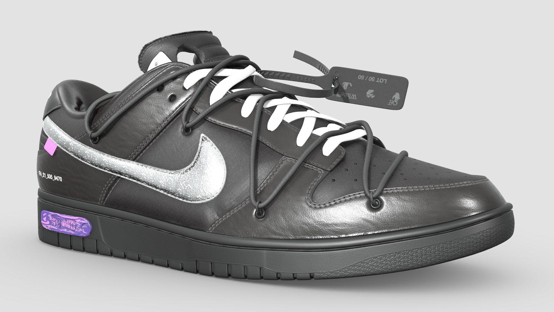 Off White collaboration with Nike on a Dunk Low, made in Blender, textured in Substance. Released in 2021. Panels of black leather complement black canvas, all highlighted by a metallic swoosh and accents of purple.

Every detail was made in the recreation of this shoe, from the text on the medial side of the shoe to the subtlety of each material, nothing went overlooked. Stitches were sculpted by hand to achieve the highest quality, and the frayed edge on the tongue of the shoe was created such that there would be no gap between the canvas fabric and foam

What's included Firstly, two versions of this model. The base version with 4 texture sets, and a One Mesh version that uses only 1 texture set. Both models are identical, only how they are unwrapped is different. There are two texture sets, with 4 maps, namely: Base Color, Metallic, Normal, and Roughness. I have included several other versions, such as High and Low Poly shoes All textures are 4096x4096. Meaning the One Mesh version has 4 2048x2048 textures - Nike Dunk x Off White Lot 50 - Buy Royalty Free 3D model by Joe-Wall (@joewall) 3d model