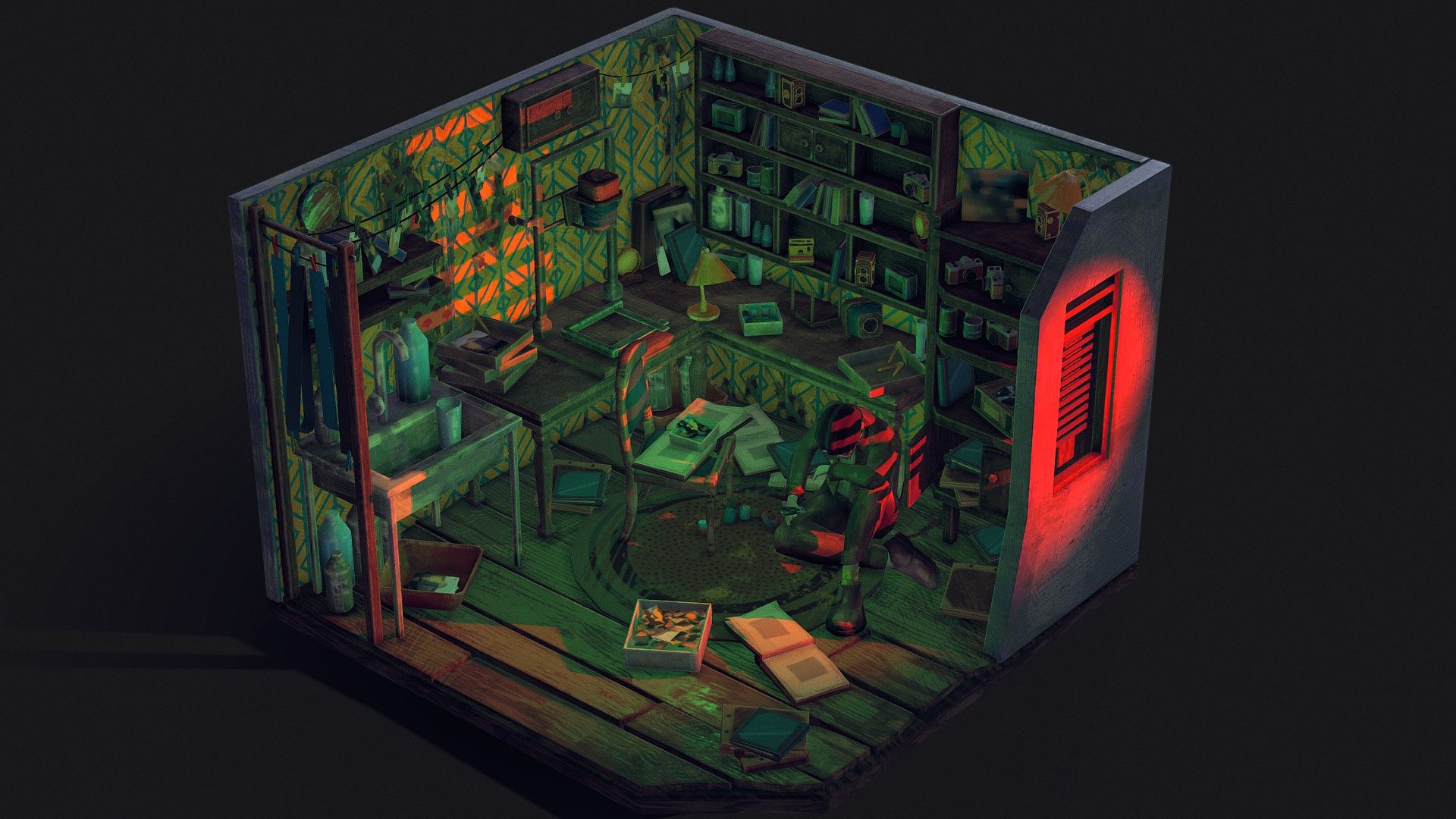 Another diorama, this time it is an old messy retro-styled darkroom with a man holding a photo in his hand. 
All the textures are hand painted - Darkroom Low Poly Hand Painted Diorama - Buy Royalty Free 3D model by Julius (@darlingjulia0) 3d model
