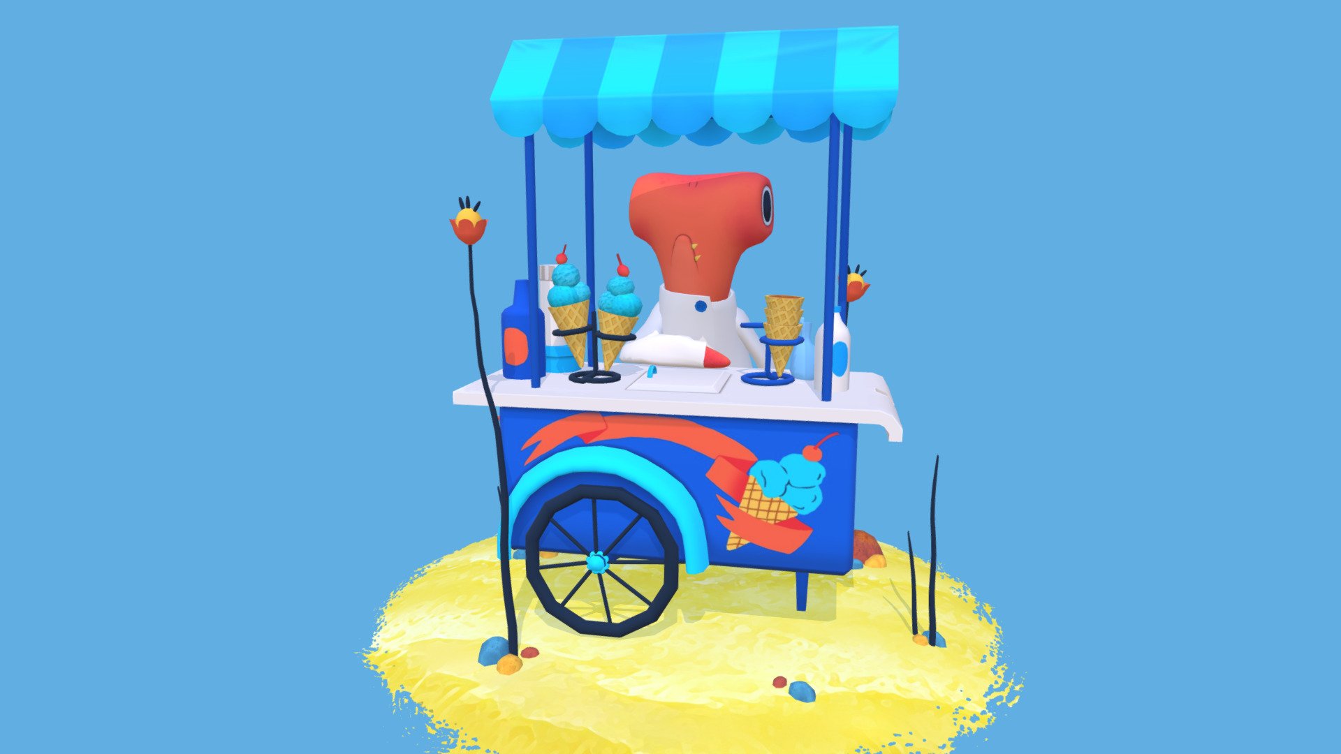 This cute and toothy ice cream seller is ready to take your order! 🍦

Inspired by the beautiful work of Uvaat on their Instagram.

This is my first low poly project, and even though I wish I could have gone further with its UVs and textures, I'm very happy with the final look.
Every day is a great day for ice cream on this cute shark's cart 💙 - The hammerhead shark's ice cream cart - 3D model by vitoriabottaro 3d model