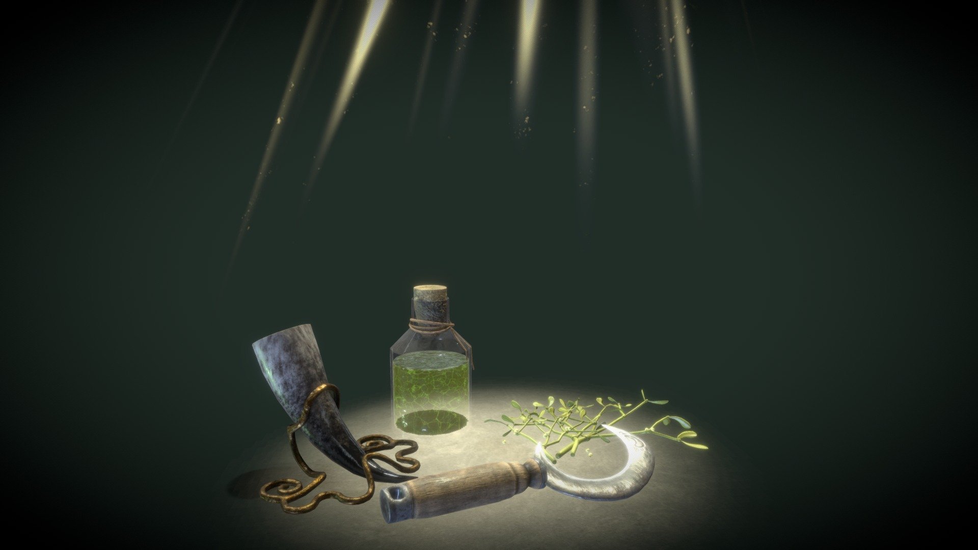 Alchemy - The fine art of herbalism, closeness to nature and healing powers. And the mistletoe has been an essential ingredient since the time of the Druids.



A slightly older 3D composition that I made.



2K Textures (2048x2048px)



LowPoly-Asset for Video &amp;/or Games



Made with: 3Ds Max, zBrush, Substance Painter, Photoshop



– Further assets on the topic are being worked on. – - Alchemy Scene - Buy Royalty Free 3D model by MDSDesign 3d model