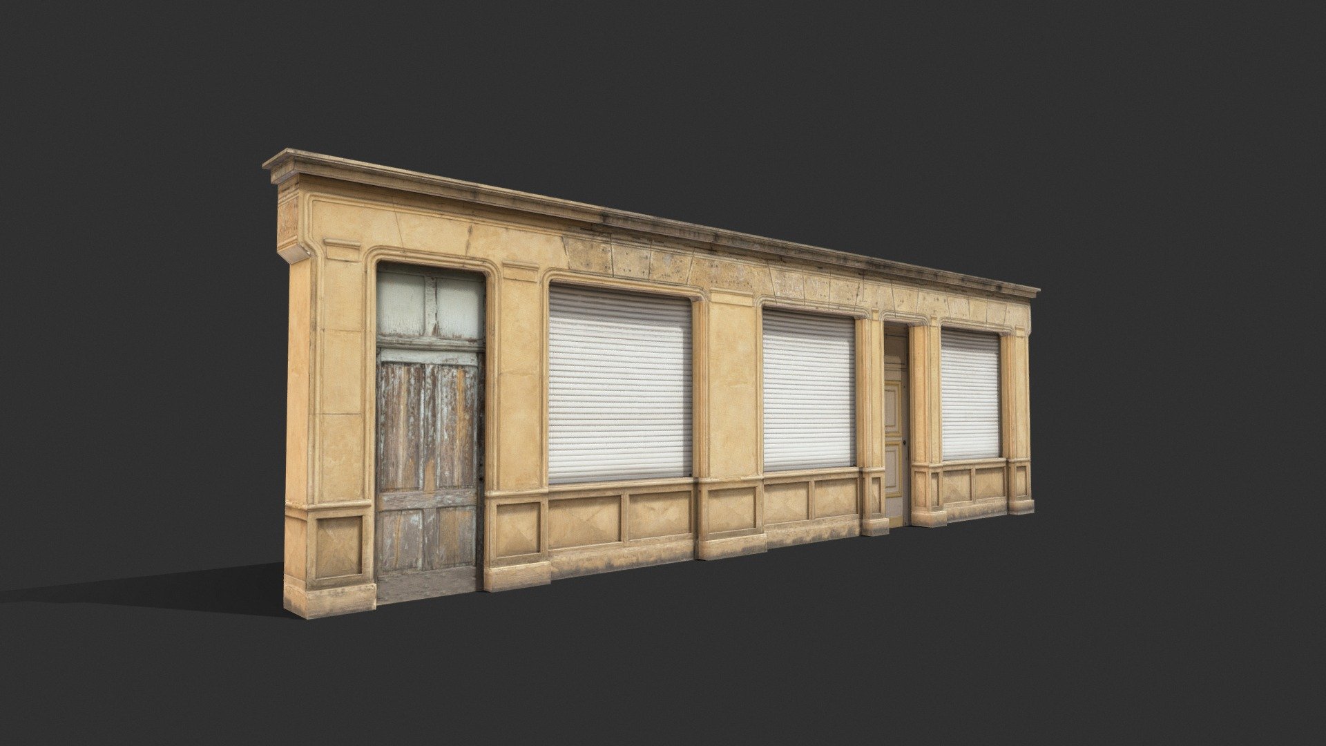 3D model of Old Store facade with closed shutter.

Resolution of textures: 4800x1442




Originally created with 3ds Max 2018

Unit system is set to centimeter

Model is built to real-world scale

Rendered in Marmoset Toolbag, 3ds Max Vray,

Texture Set: Diffuse, Normal, Bump


Special notes:

.fbx format is recommended for import in other 3d software. If your software doesn't support .fbx format, please use .3ds format; .obj, format was exported from 3ds Max 3d model