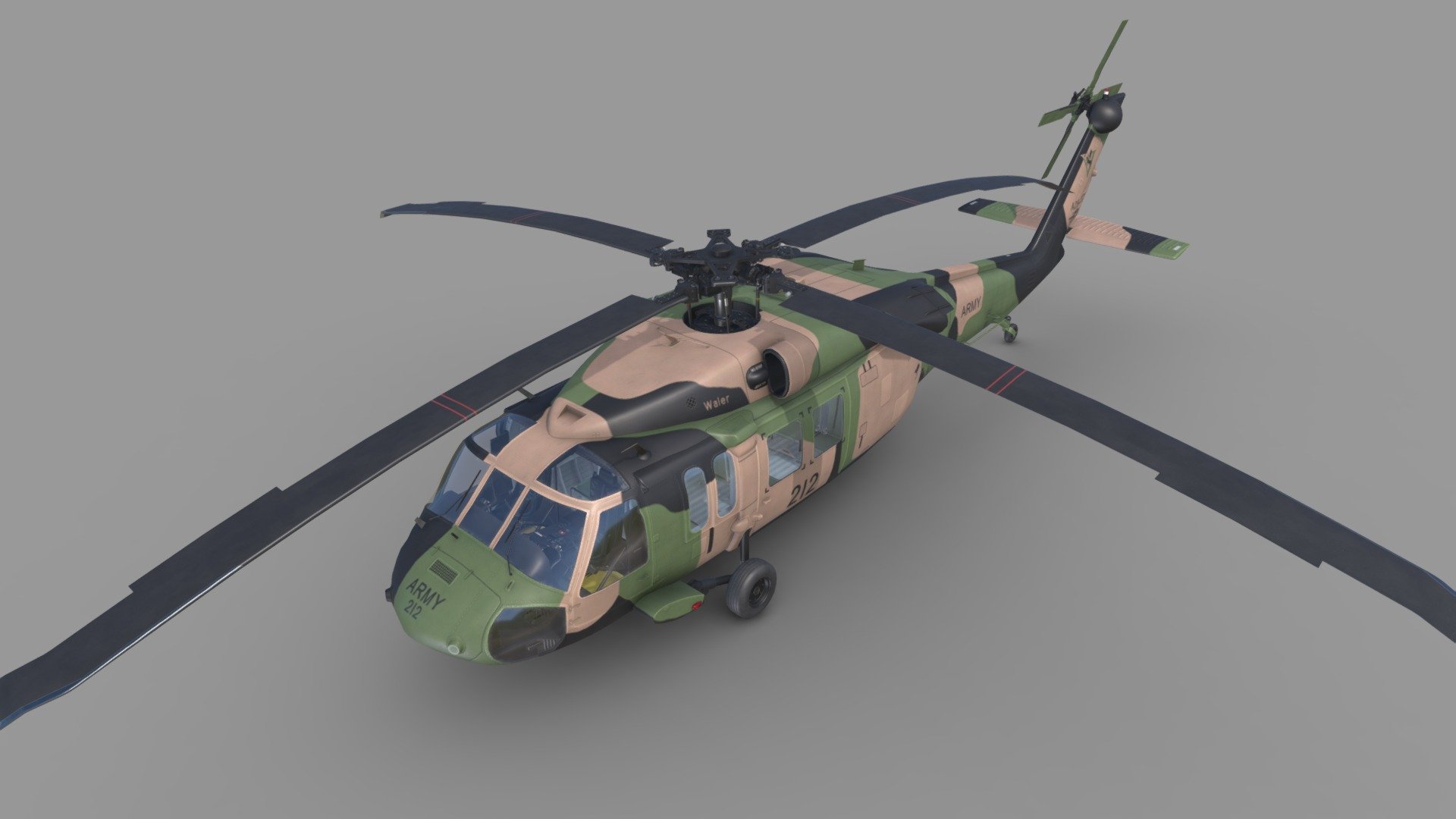 UH-60 Australian Army Static



File formats: 3ds Max 2015, FBX, Unity 2019.4.8



Simple and Complex Animation versions are available as seperate models (see my profile models)

This model contains PNG textures(4096x4096):

-Base Color

-Metallness

-Roughness



-Diffuse

-Glossiness

-Specular



-Normal

-Ambient Occlusion - UH-60 Australian Army Static - Buy Royalty Free 3D model by pukamakara 3d model