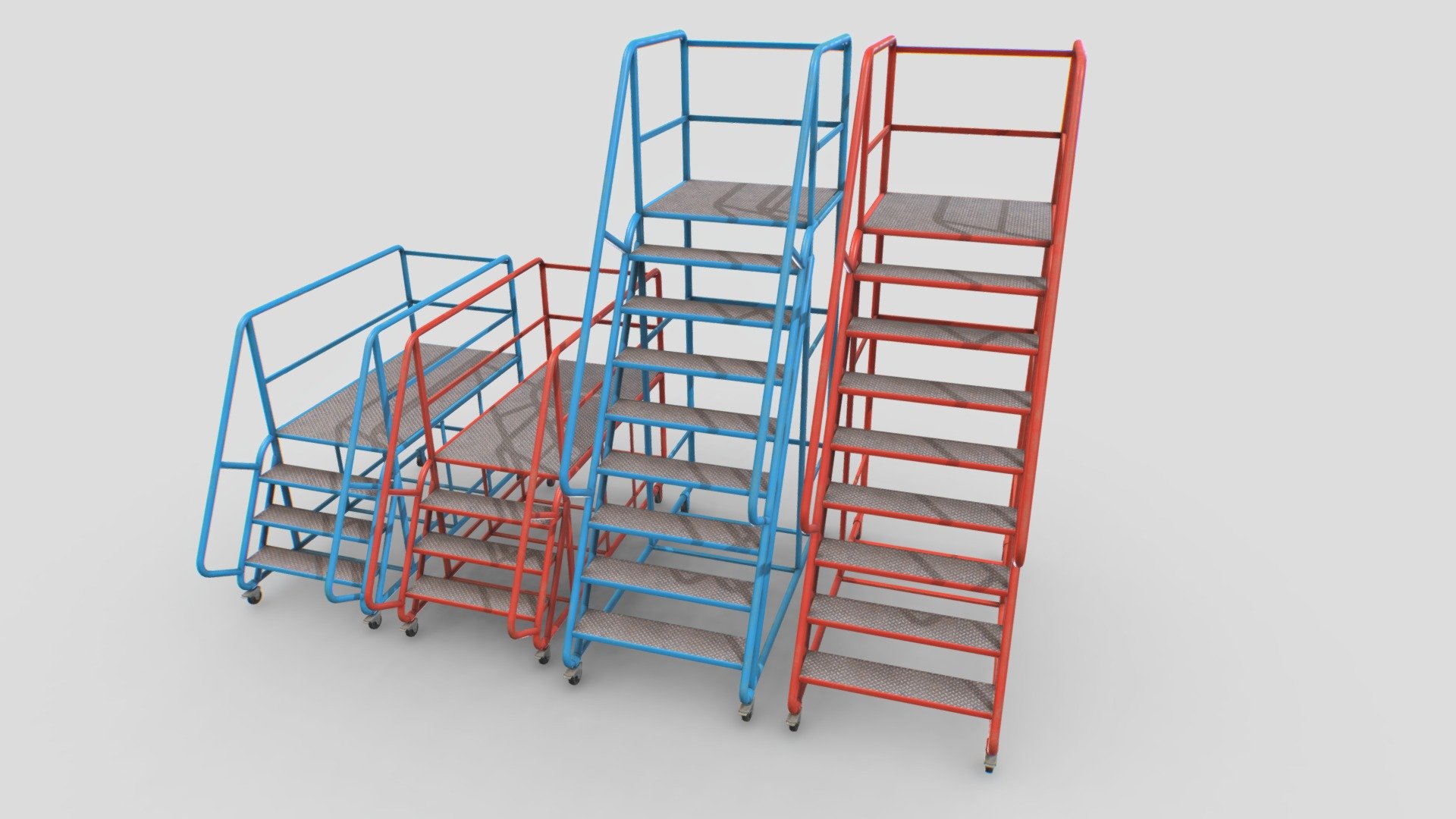 Industrial mobile stairs based in real ones. Real scale. Comes with 4096x PBR textures including Albedo, Normal, Metalness, Smoothness, Roughness and AO.

Model comes as a full object (static) and in parts so you can move it (wheels). Also comes with 2 sets of textures, blue and red.

Total polys 11000. 5000 verts each stair 3d model