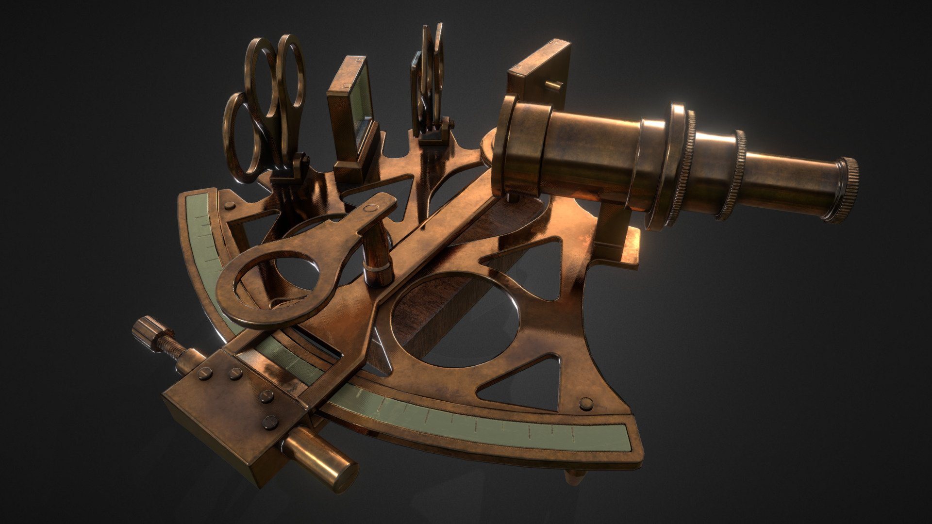 Game ready brass sextant excl. lenses

Sextant:



an instrument with a graduated arc of 60° and a sighting mechanism, used for measuring the angular distances between objects and especially for taking altitudes in navigation and surveying.


Unreal Engine 4 render:


Credits for assets used in the screenshot:

Wooden Table and textures: shedmon 
https://sketchfab.com/shedmon

Map model and textures: Johana-PS 
https://sketchfab.com/Johana-PS - Sextant - 3D model by niels_couvreur 3d model