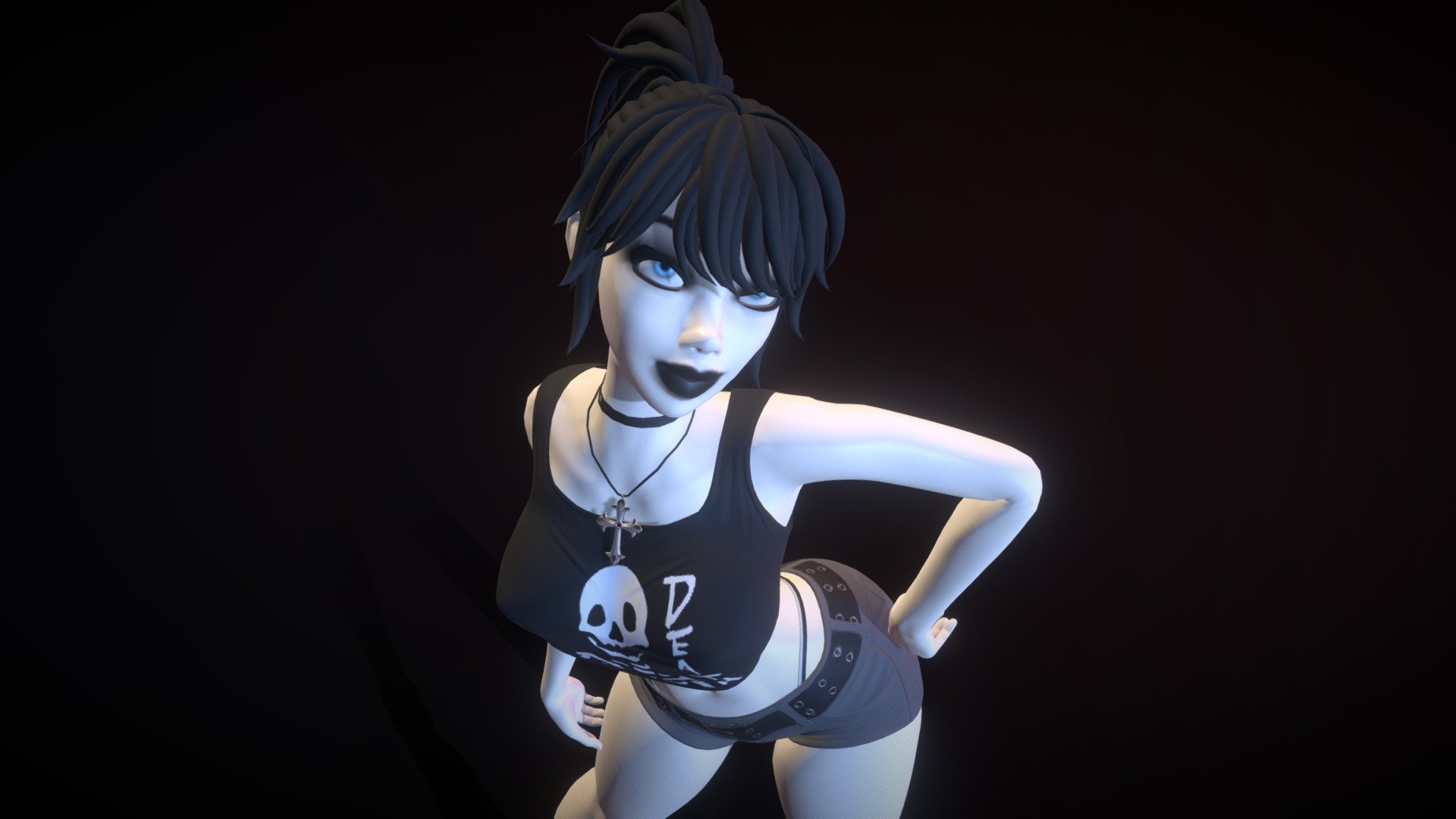 modeled an textured in blender.  

original character

This is my vision of a toon-like goth babe.  Find her at a mall or a rock concert, but never outside in the sun.
 - Evelina - 3D model by cyclocosmia3 3d model