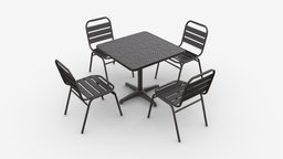 Square Metal Dining Table with Chairs food, stool, square, style, cafe, restaurant, silver, furniture, table, outdoor, counter, patio, metal, dining, 3d, pbr, chair, decoration, street