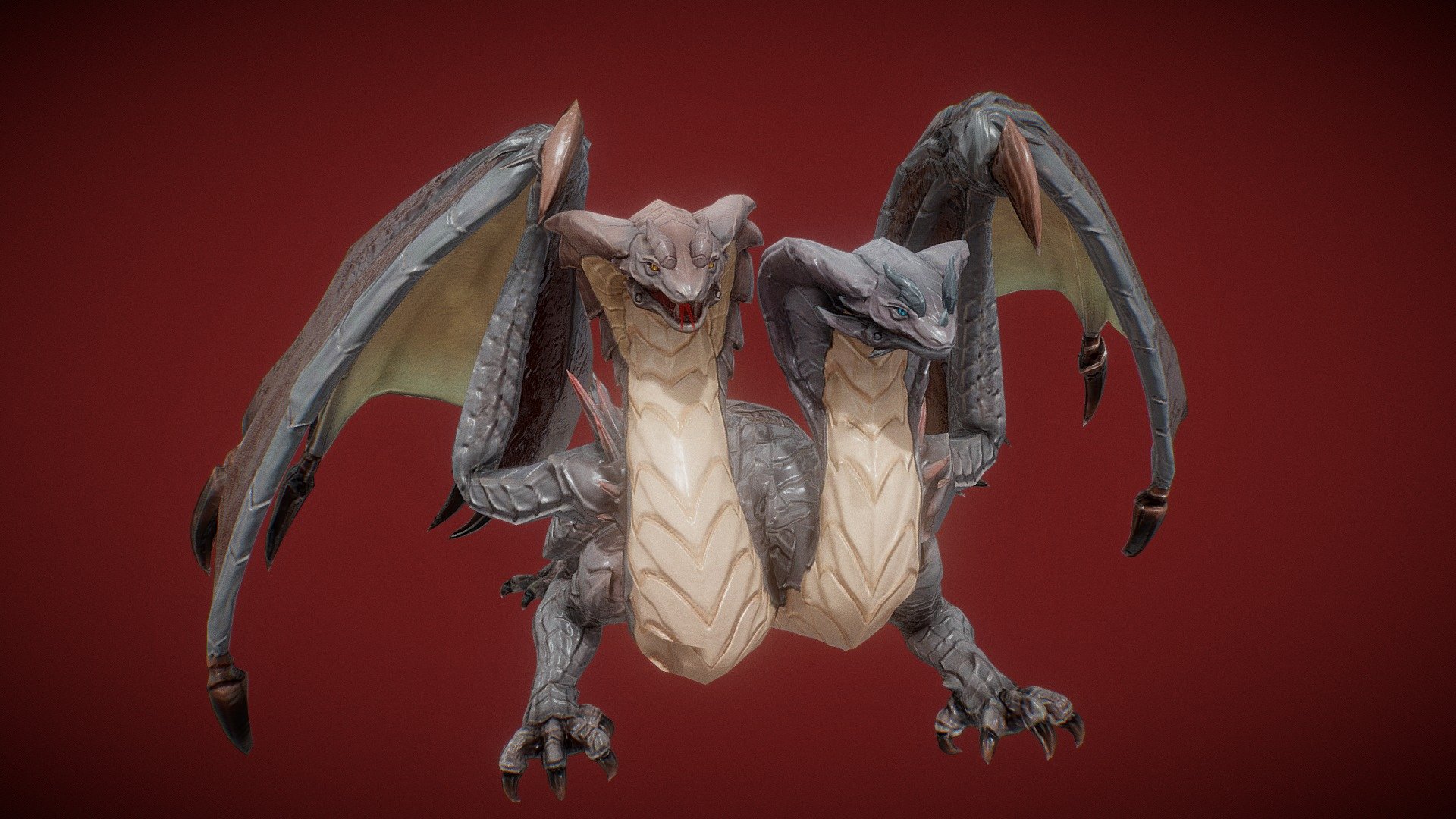 Lowpoly model fo grey giant dragon twindragon is a colossal and formidable creature with two heads, covered in thick, rugged scales of ash-grey hue. Its massive wings span wide, showcasing intricate patterns resembling storm clouds. texture and material, Blender, Substance Painter.Use it for your incredible games - Twindragon - Buy Royalty Free 3D model by Luna (@StudioLuna) 3d model