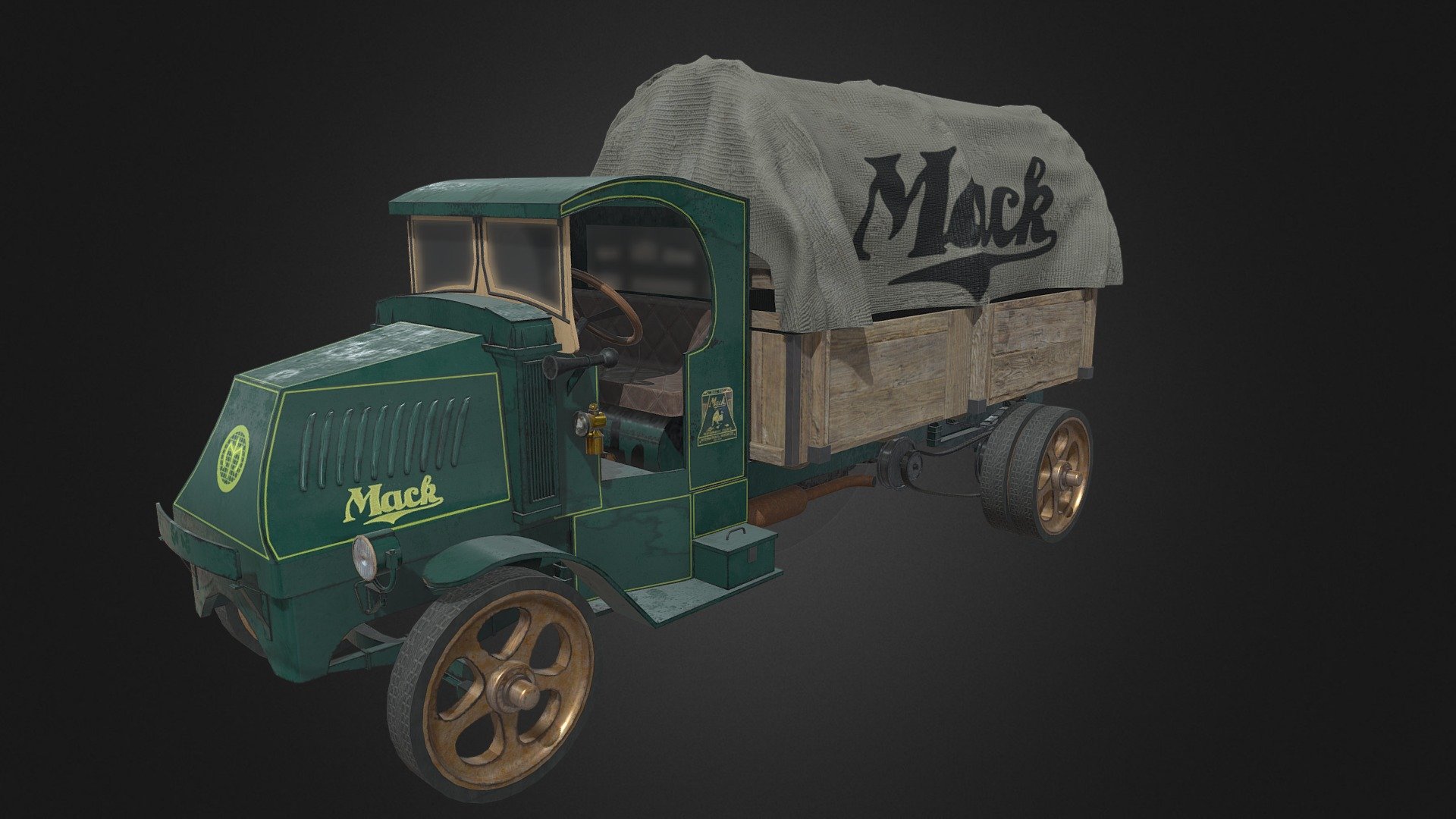 Model of a Mack AC truck fitted with wooden bed and textile canopy.  Truck itself is a relatively low poly mode, only canopy has a lot of detail. PBR setup includes diffuse, metallic, roughness and normal maps. Additional files include all of the textures in higher resolution (1K, 2K and 4K) 3d model