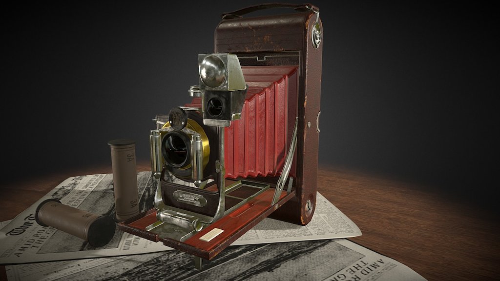 a folding camera kodak type 3A made by Eastman Kodak Company, introduced in 1903 and was being made untill 1915

artstation here - https://www.artstation.com/artwork/z9mEq

 - Folding Camera Kodak - 3D model by Dominika Bariakova (@dominika.bariakova) 3d model