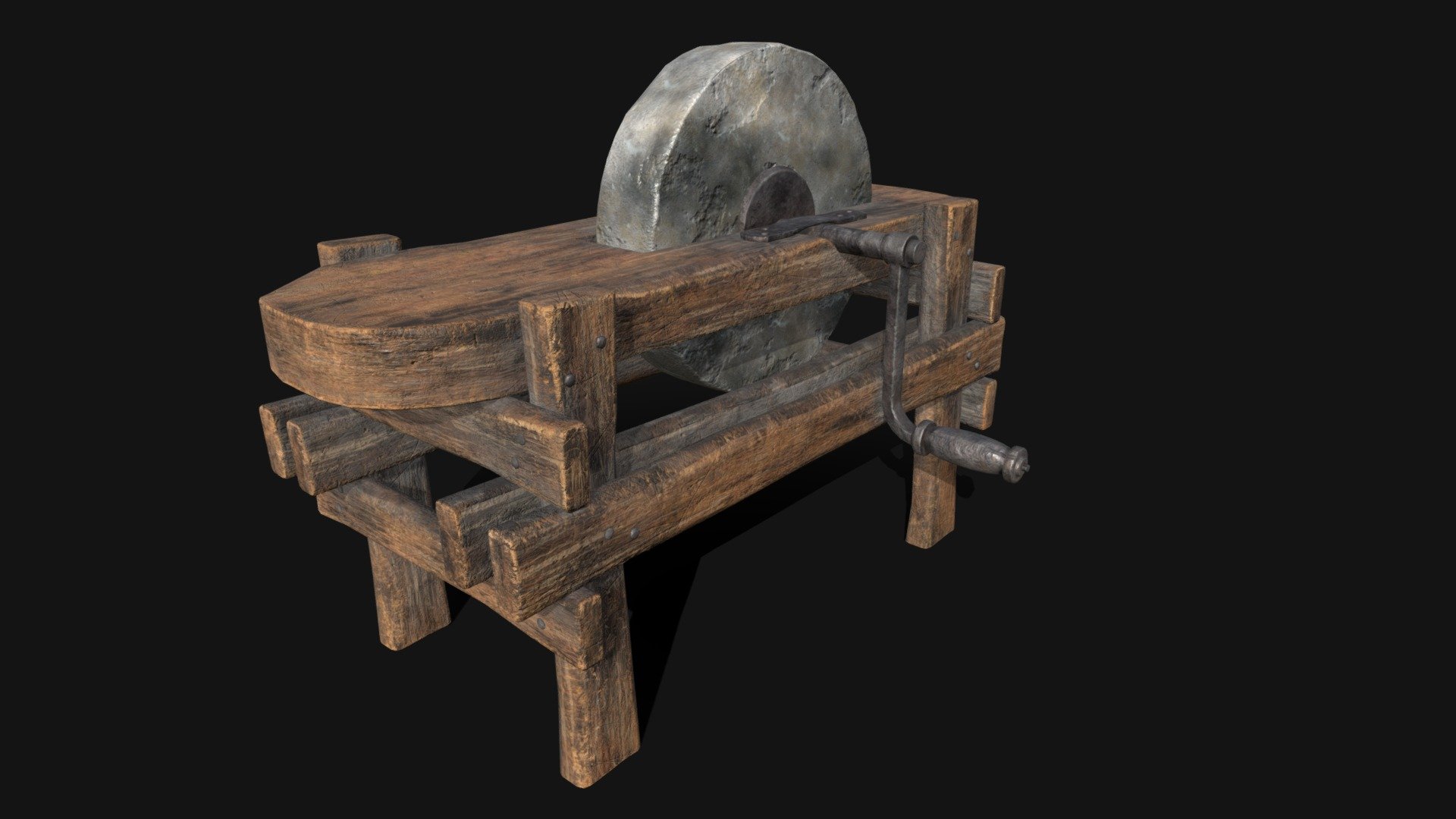 Medieval Grindstone 3D Model. This model contains the Medieval Grindstone itself 

All modeled in Maya, textured with Substance Painter.

The model was built to scale and is UV unwrapped properly. Contains a 4K and 2K texture set.  

⦁   10746 tris. 

⦁   Contains: .FBX .OBJ and .DAE

⦁   Model has clean topology. No Ngons.

⦁   Built to scale

⦁   Unwrapped UV Map

⦁   4K Texture set

⦁   High quality details

⦁   Based on real life references

⦁   Renders done in Marmoset Toolbag

Polycount: 

Verts 5753

Edges 11271 

Faces 5596

Tris 10746 

If you have any questions please feel free to ask me 3d model