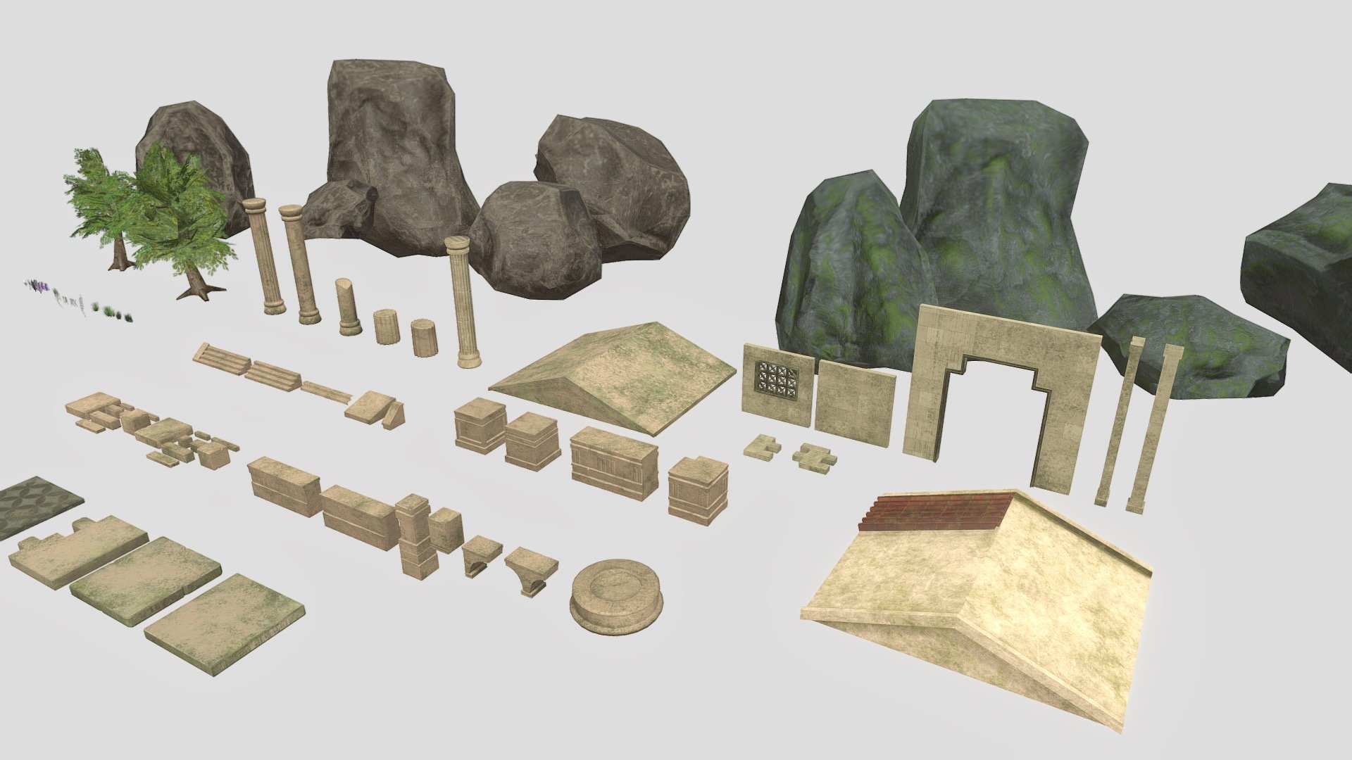 Simple low poly ancient temple modular kit containing walls, floor pieces, slabs, pillars and other parts.

.blend file with packed textures ready to use and export on different formats

Textures and uv maps

3D modeling timelapse HERE - Ancient Temple Modular Kit - Buy Royalty Free 3D model by Márcio Meireles (@marciomeireles) 3d model