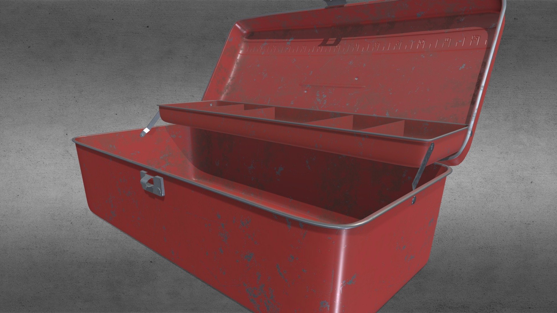 A metalic tackle box modeled in 3ds max and textured in substance painter
UNION LEROY N.Y. USA 13”, Marine red Metal Tackle Box Vintage
Good Rustic/Vintage Condition/ Small Flaw on Right Back of Lid, Shown in Last Photo
Wonderful Patina, Rust, Scratches, Dings, Dents, Paint Lose Handle &amp; Latch Both Work Fine, No Lock
Top of Box Has Embossed 12” Rule, 5” Height, 6” Depth, Length is 13” - Metalic fishing tackle box - Buy Royalty Free 3D model by mili.aiesecer 3d model