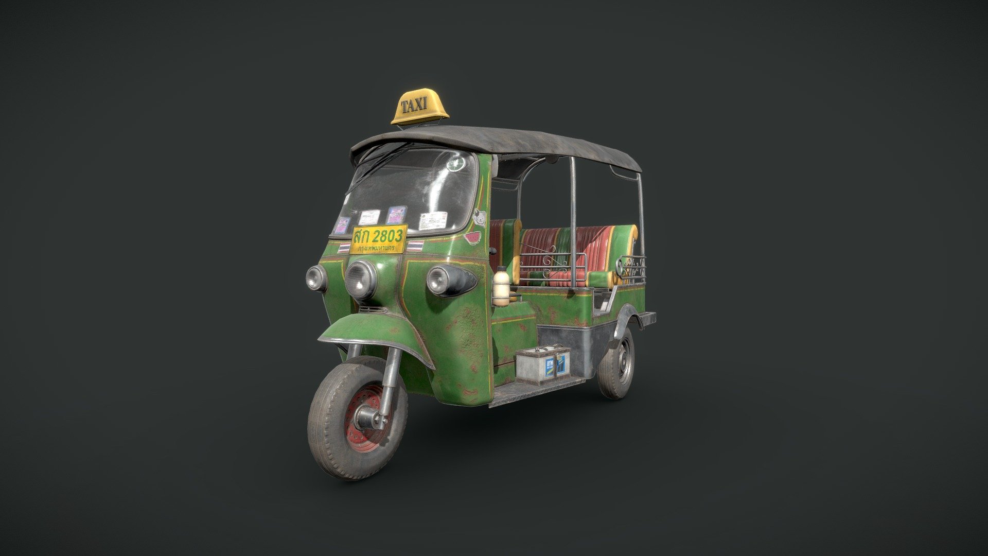 Tuk Tuk based on those found in Thailand. I've been working on architectural environments for a while now, both in personal and professional work. I wanted to change it up and try making a detailed vehicle. I've loved the style of this vehicle ever since I first saw it while playing through the Blood Oath level of Stuntman on the PS2. It's a very unique style of vehicle and thought it would make a very interesting piece to model.
44,821 triangles
4096x4096 + 1024x512 textures - Tuk Tuk - 3D model by Jamie Macleod (@rustyspannerz) 3d model