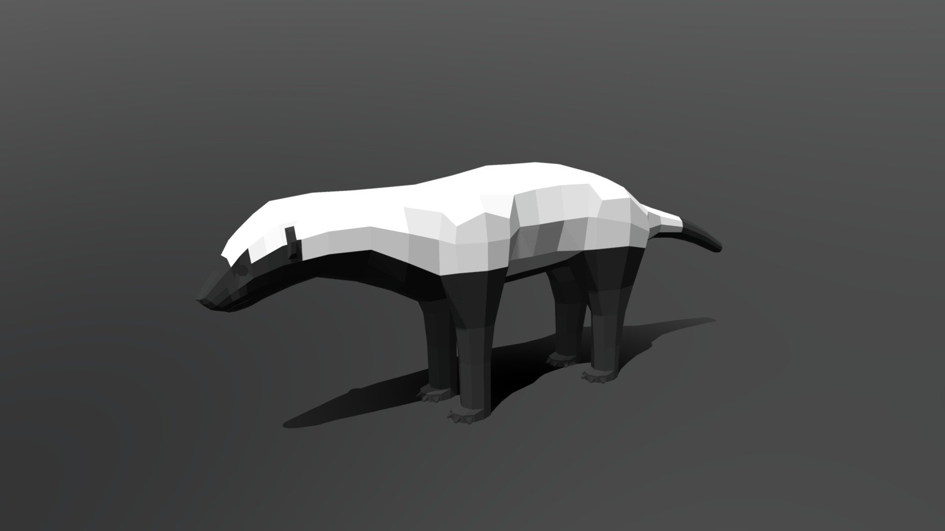 This is a low poly 3D model of a Honey Badger. The low poly Honey Badger was modeled and prepared for low-poly style renderings, background, general CG visualization presented as a mesh with quads only.

Verts : 792 Faces: 792

The 3D model have simple materials with diffuse colors.

No ring, maps and no UVW mapping is available.

The original file was created in blender. You will receive a 3DS, OBJ, FBX, blend, DAE, Stl.

All preview images were rendered with Blender Cycles. Product is ready to render out-of-the-box. Please note that the lights, cameras, and background is only included in the .blend file. The model is clean and alone in the other provided files, centred at origin and has real-world scale 3d model