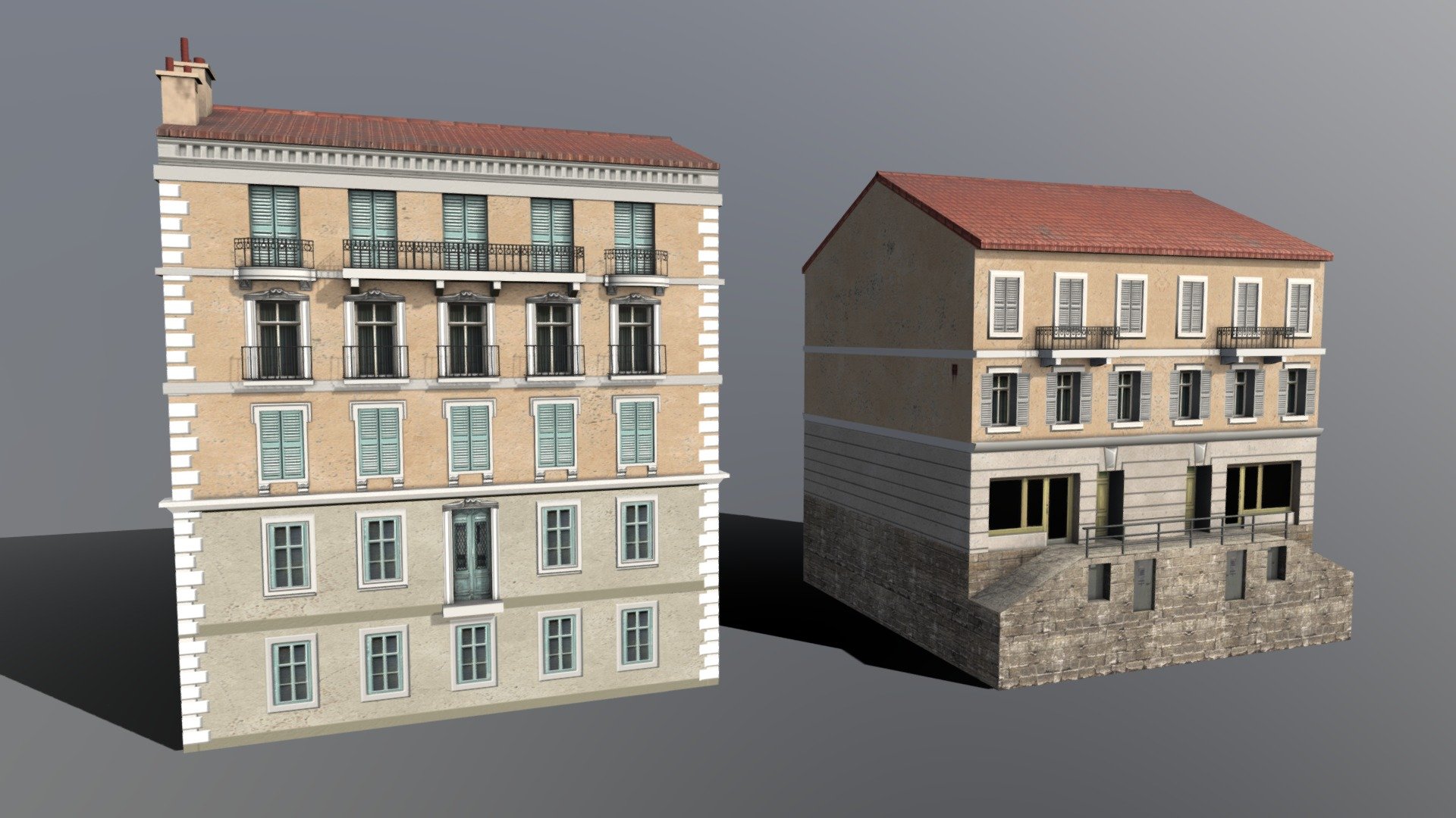 Two buildings from Monaco, a shop and a residential block. Both were originally built for use as mod assets for the game Cities:Skylines, so they have an appropriate level of detail for viewing at a distance. 

2048^2 texture set included for each building (color/normal/roughness/alpha) 3d model