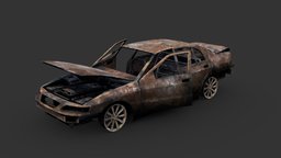 Burned Car sedan, post-apocalyptic, saloon, fire, destroyed, burn, burnt, burned, 3dsmax, vehicle, gameasset, car, gameready