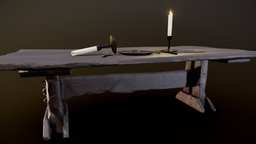 Wooden Table Scene medieval, candle, table, dining, dining-table, wood